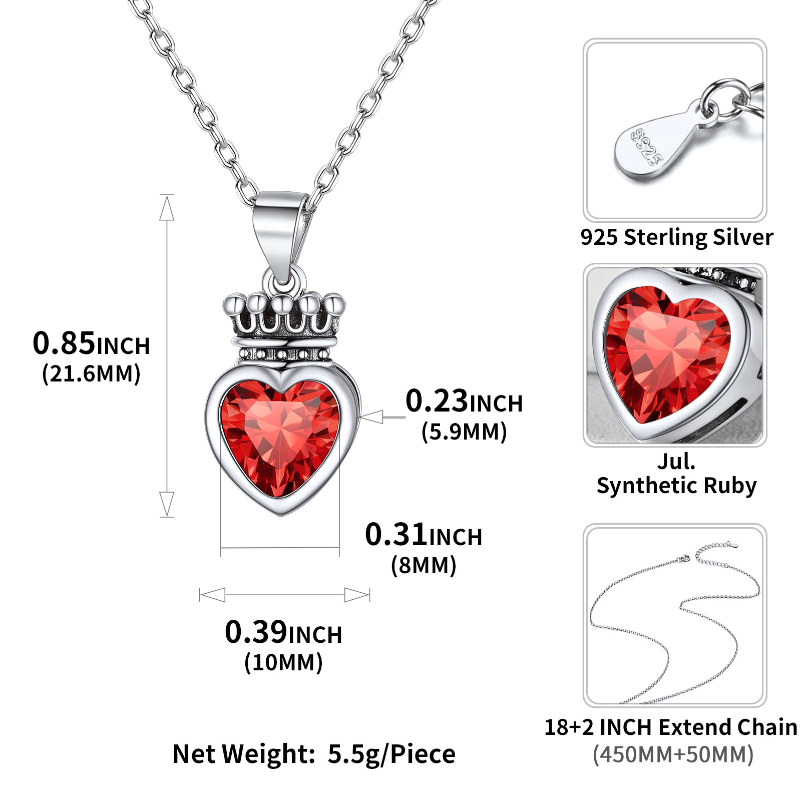 Crown & Heart Necklace Details: Dimensions, Hypoallergenic, Lobster-Claw-Clasps