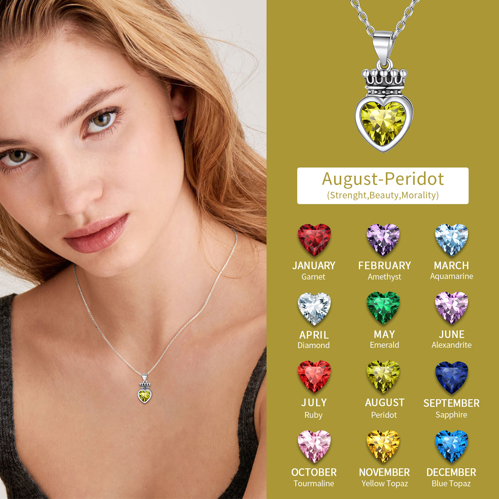 Crown & Heart Necklace in Different Month Colors