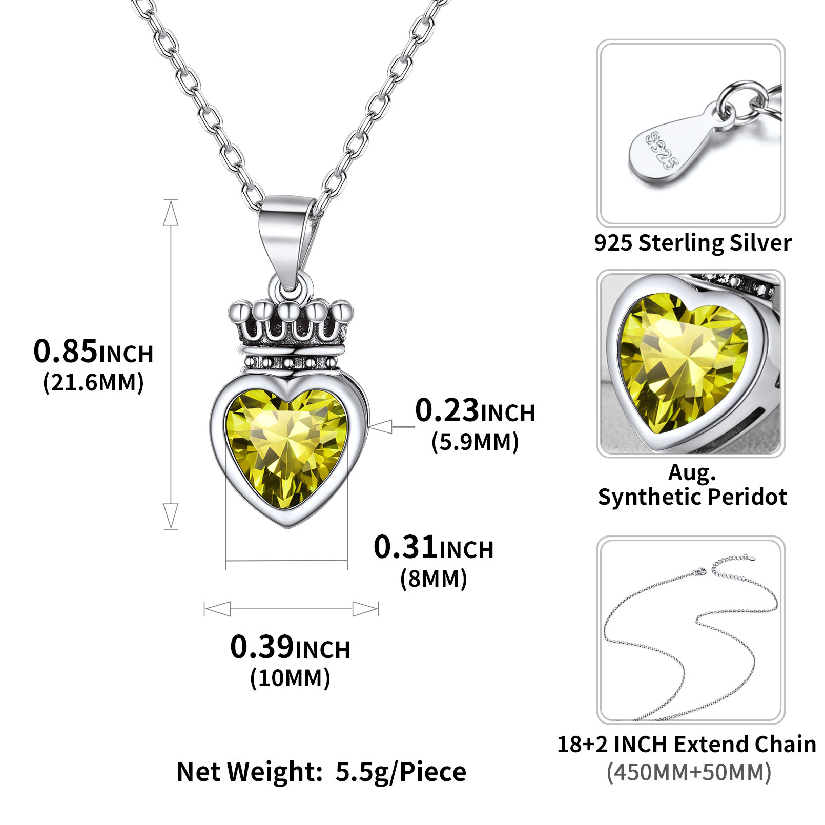Crown & Heart Necklace Details: Dimensions, Hypoallergenic, Lobster-Claw-Clasps