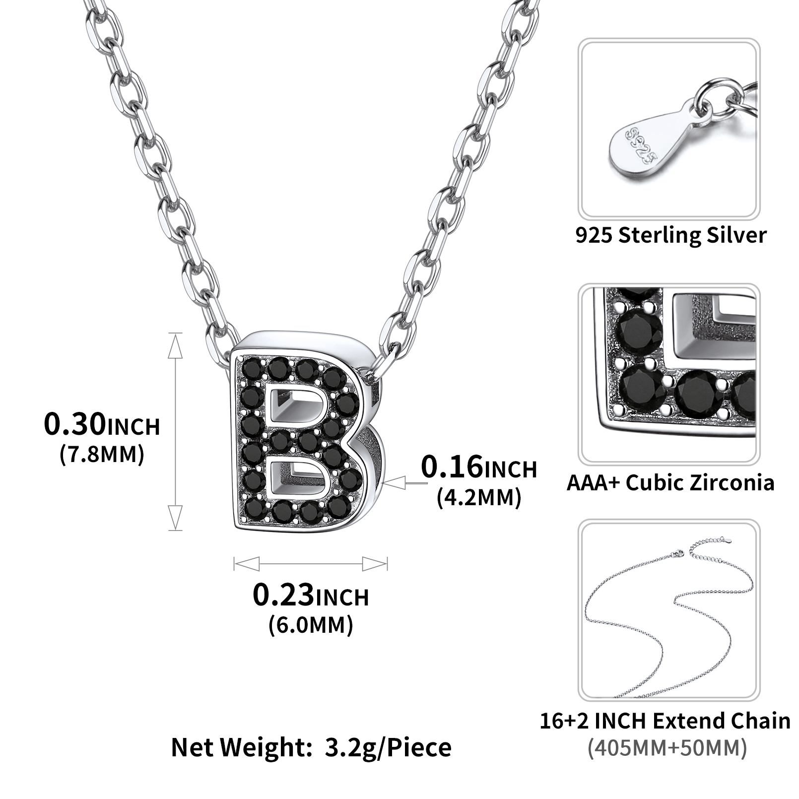 Sterling Silver ChicSilver Cubic Zirconia Initial B Necklace Details: Dimensions, Hypoallergenic, Lobster-Claw-Clasps