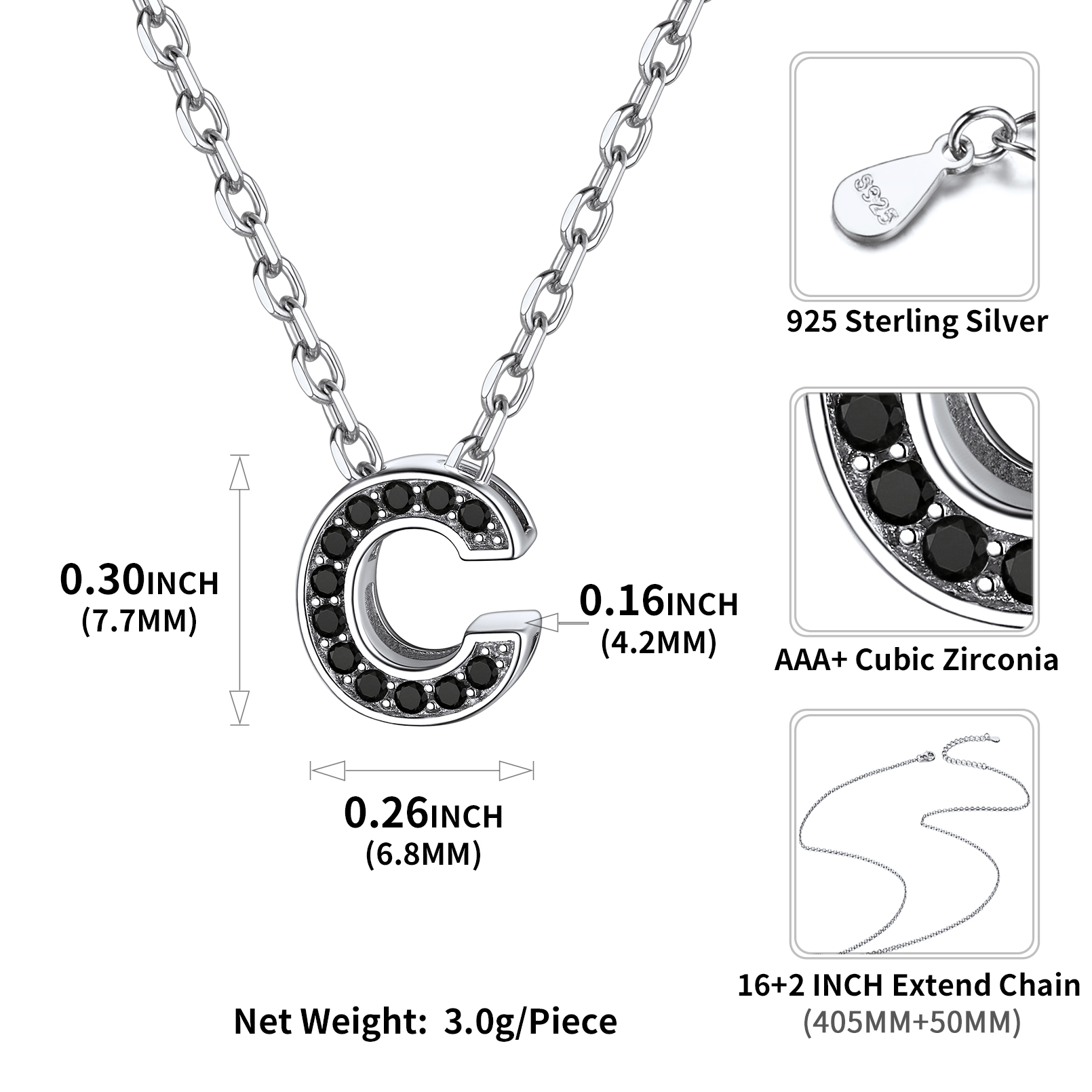 Sterling Silver ChicSilver Cubic Zirconia Initial C Necklace Details: Dimensions, Hypoallergenic, Lobster-Claw-Clasps