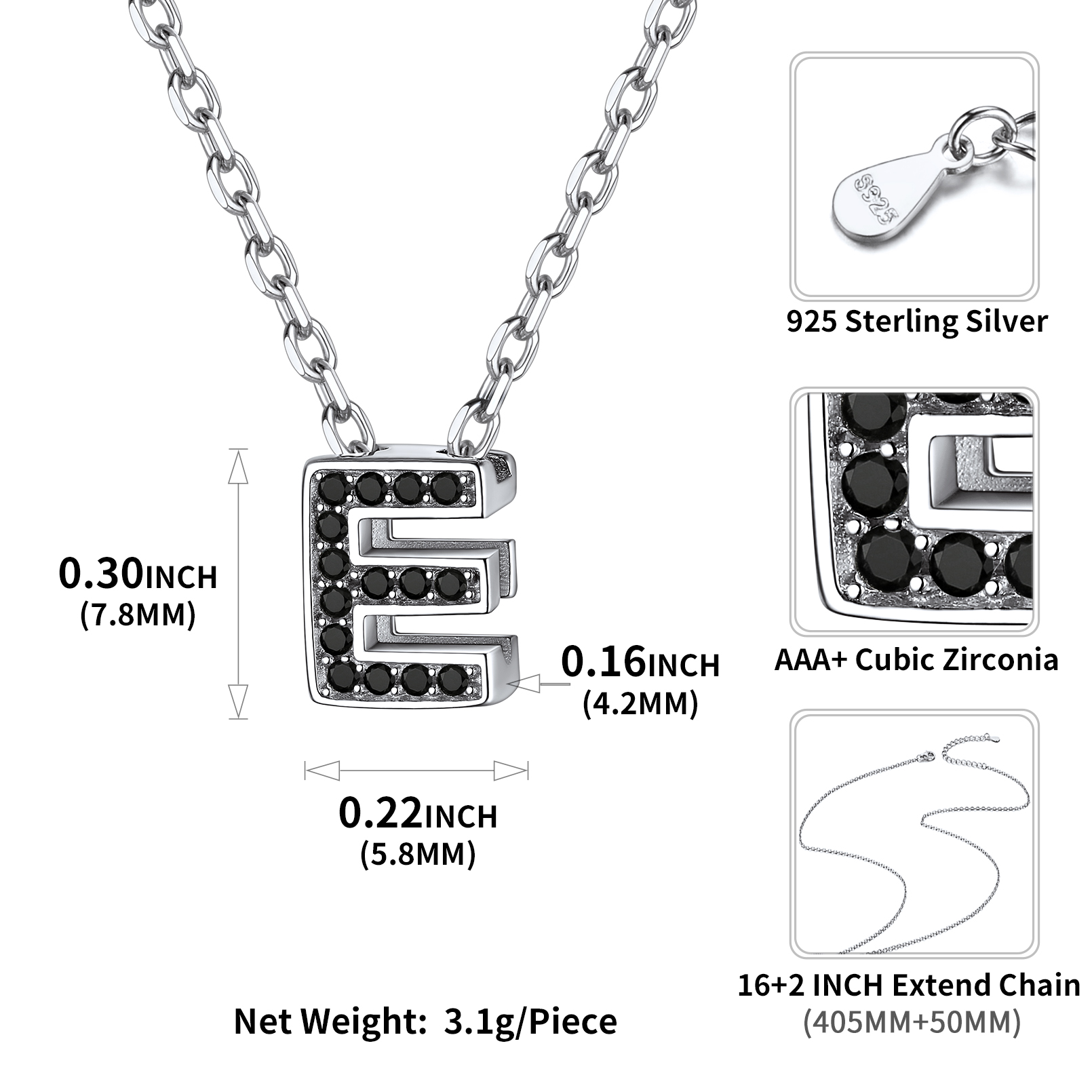 Sterling Silver ChicSilver Cubic Zirconia Initial E Necklace Details: Dimensions, Hypoallergenic, Lobster-Claw-Clasps