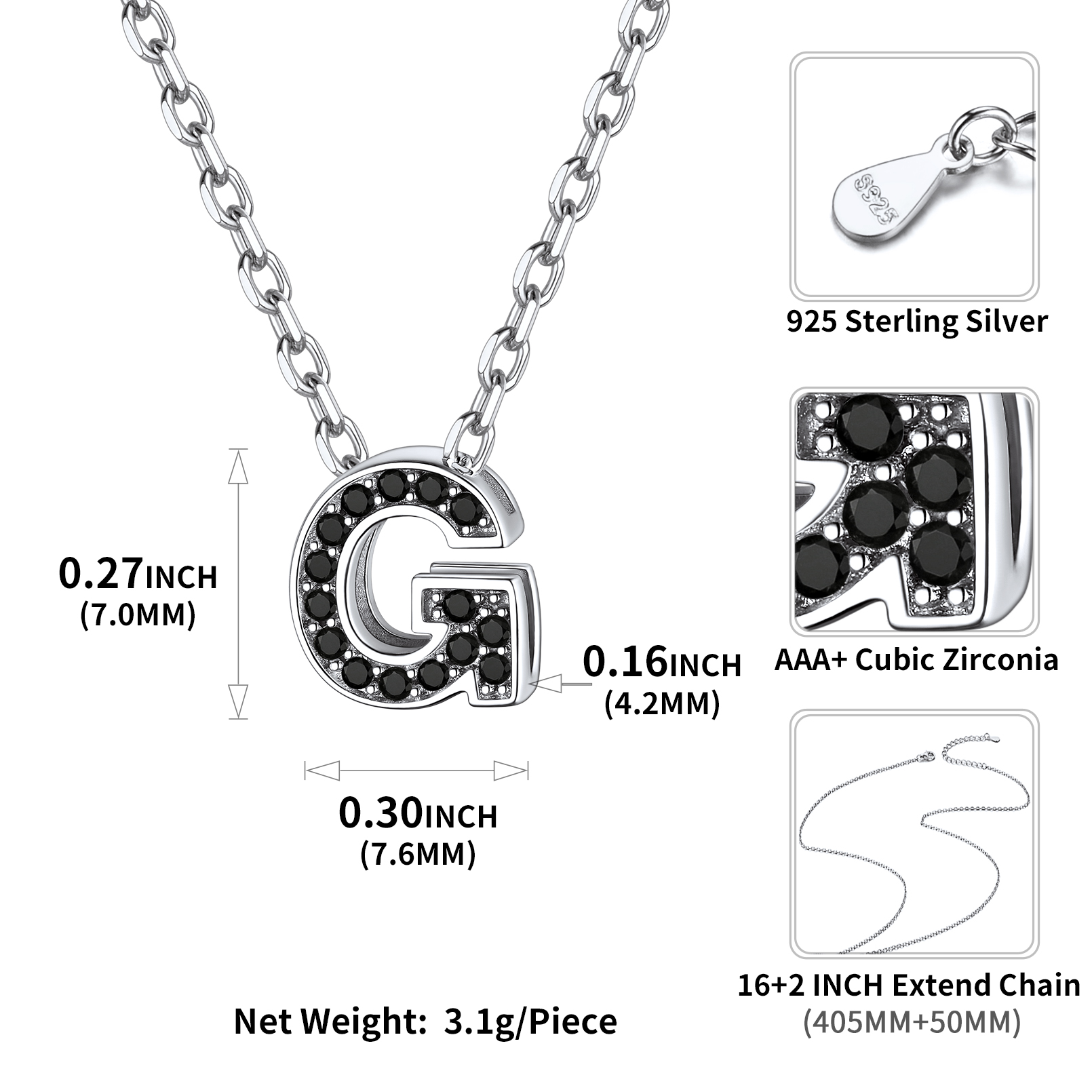 Sterling Silver ChicSilver Cubic Zirconia Initial G Necklace Details: Dimensions, Hypoallergenic, Lobster-Claw-Clasps