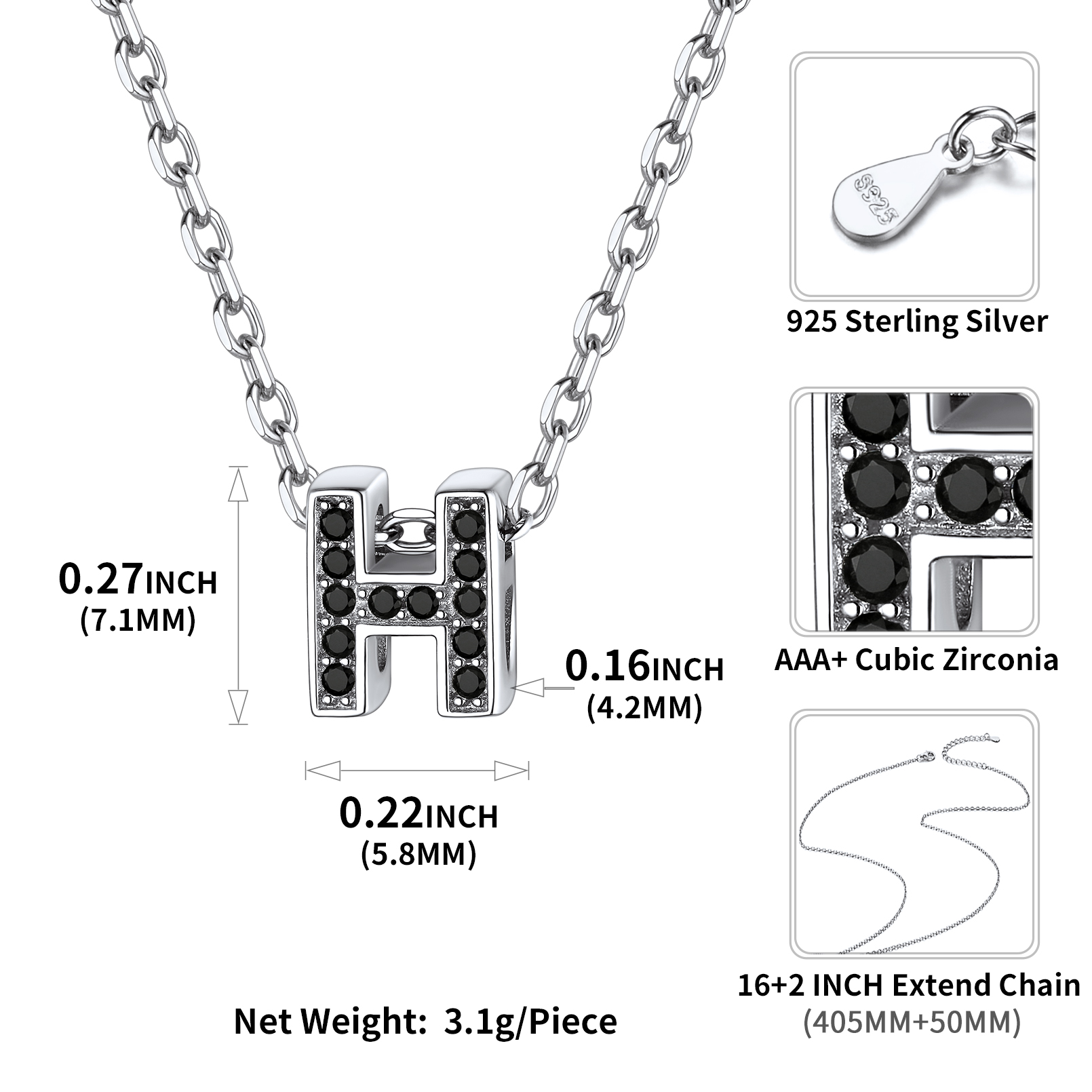 Sterling Silver ChicSilver Cubic Zirconia Initial H Necklace Details: Dimensions, Hypoallergenic, Lobster-Claw-Clasps