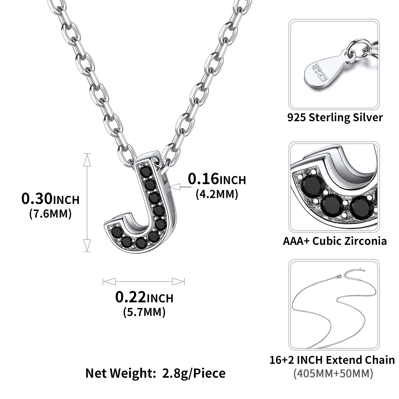 Sterling Silver ChicSilver Cubic Zirconia Initial J Necklace Details: Dimensions, Hypoallergenic, Lobster-Claw-Clasps