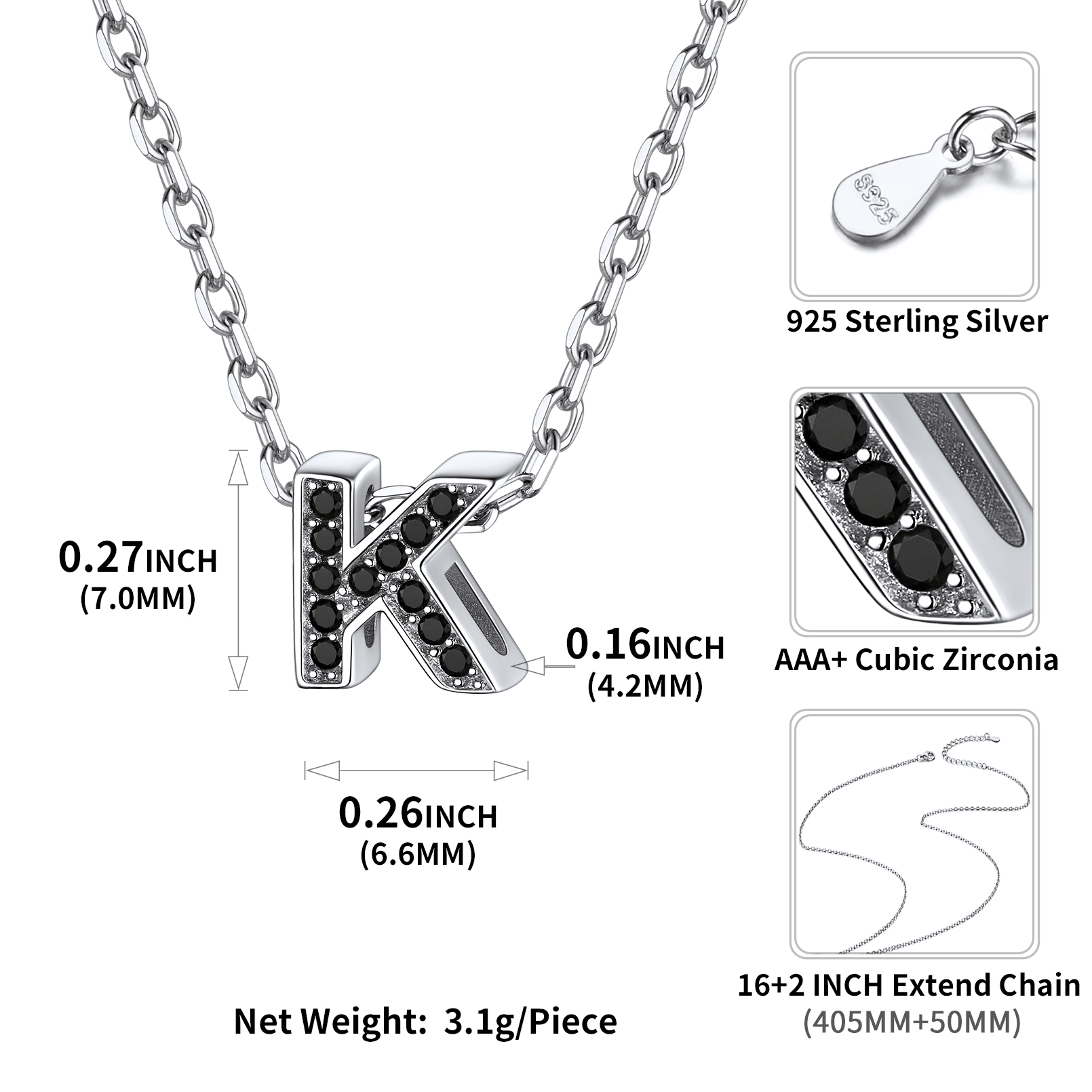 Sterling Silver ChicSilver Cubic Zirconia Initial K Necklace Details: Dimensions, Hypoallergenic, Lobster-Claw-Clasps