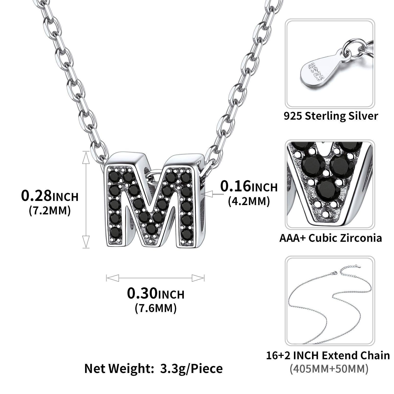 Sterling Silver ChicSilver Cubic Zirconia Initial M Necklace Details: Dimensions, Hypoallergenic, Lobster-Claw-Clasps