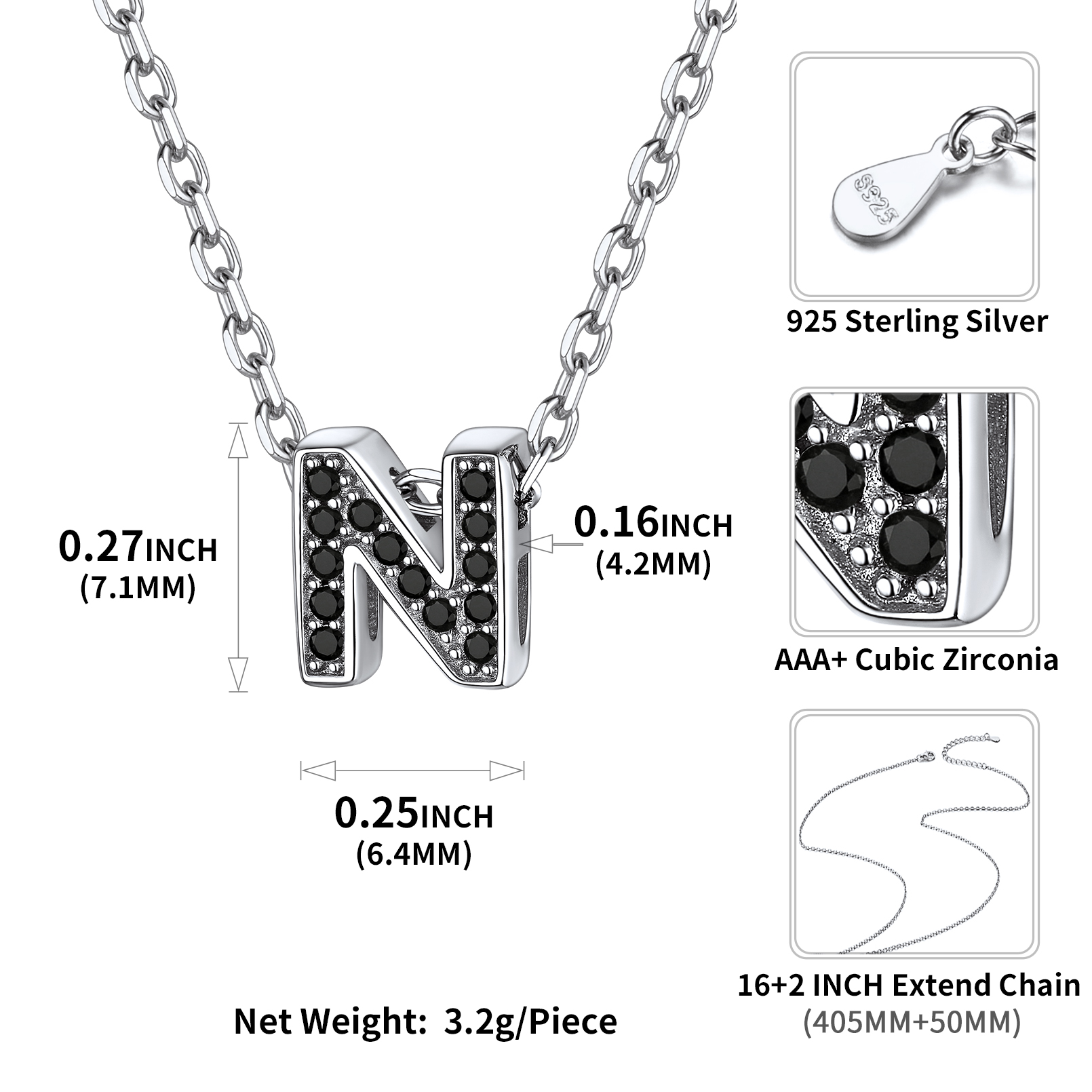 Sterling Silver ChicSilver Cubic Zirconia Initial N Necklace Details: Dimensions, Hypoallergenic, Lobster-Claw-Clasps