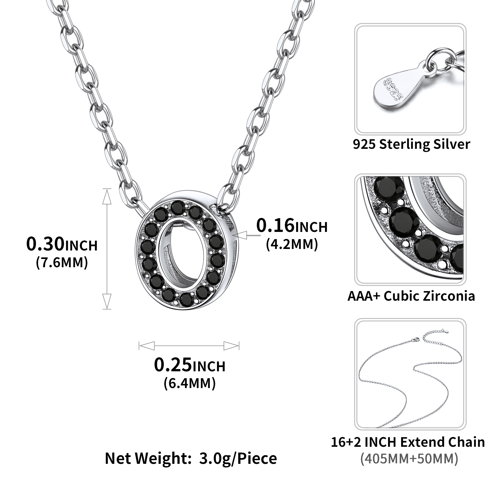 Sterling Silver ChicSilver Cubic Zirconia Initial O Necklace Details: Dimensions, Hypoallergenic, Lobster-Claw-Clasps