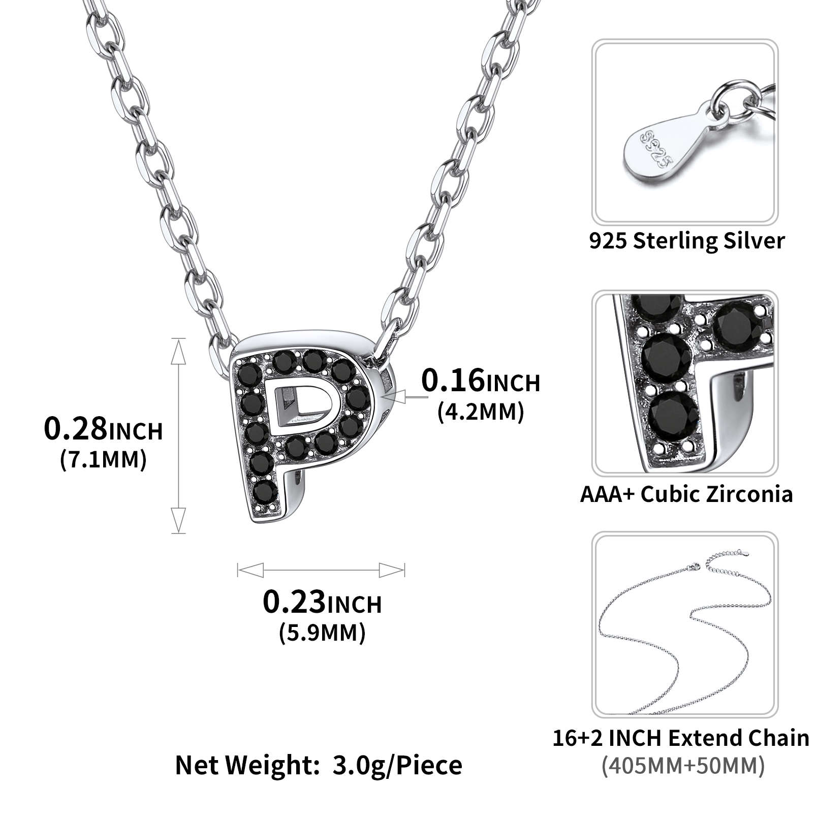 Sterling Silver ChicSilver Cubic Zirconia Initial P Necklace Details: Dimensions, Hypoallergenic, Lobster-Claw-Clasps