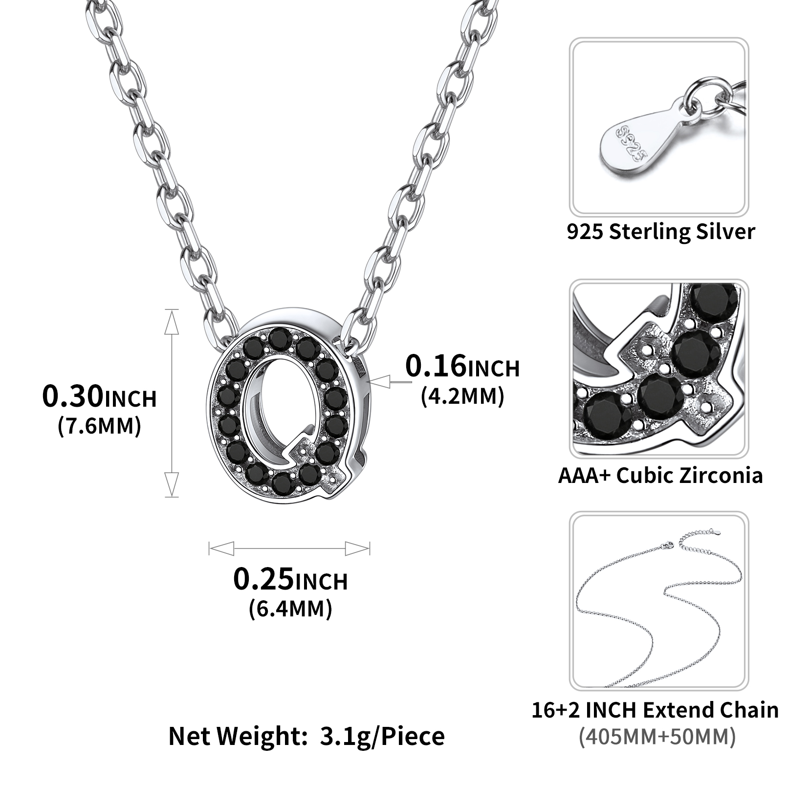 Sterling Silver ChicSilver Cubic Zirconia Q Initial Necklace Details: Dimensions, Hypoallergenic, Lobster-Claw-Clasps