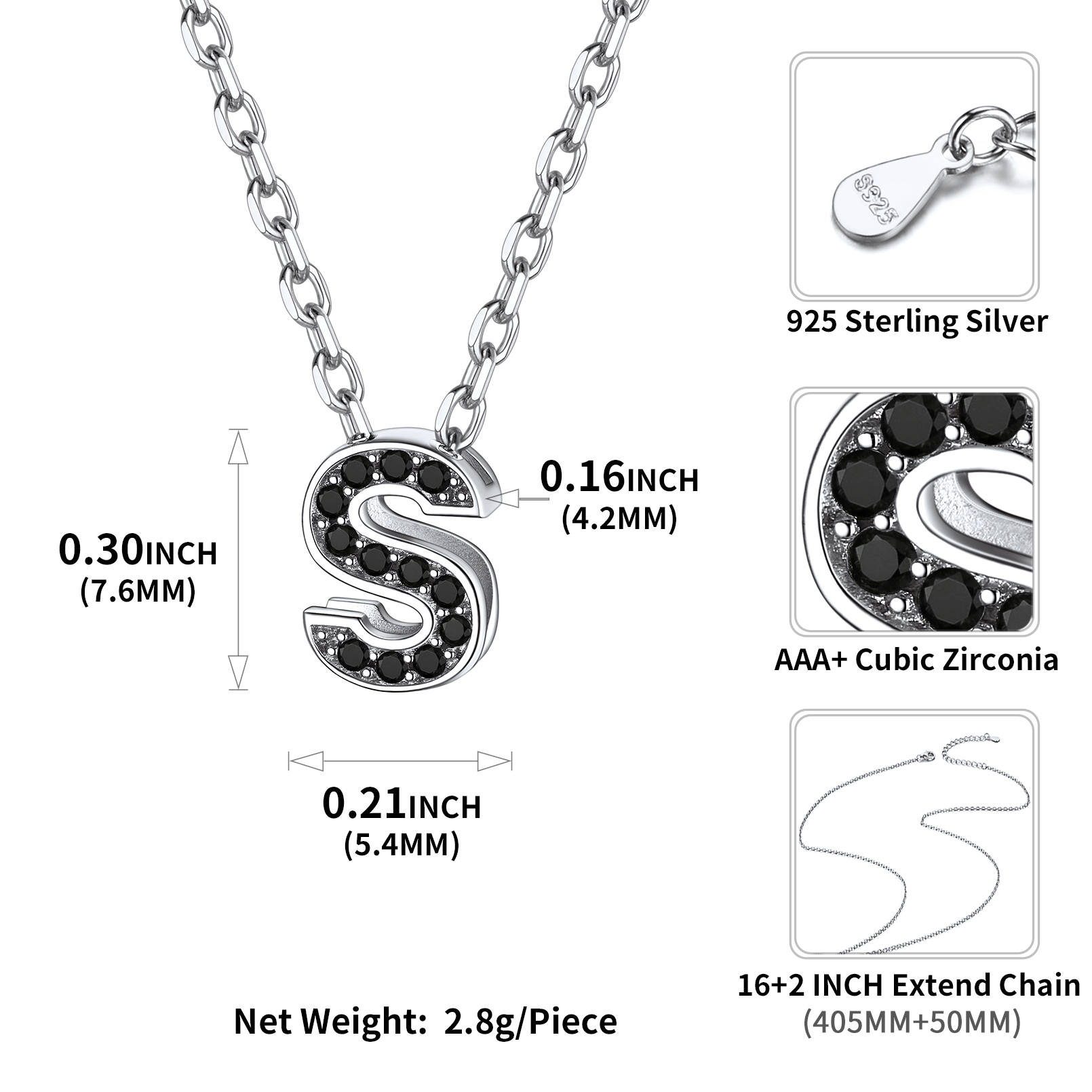 Sterling Silver ChicSilver Cubic Zirconia Initial S Necklace Details: Dimensions, Hypoallergenic, Lobster-Claw-Clasps