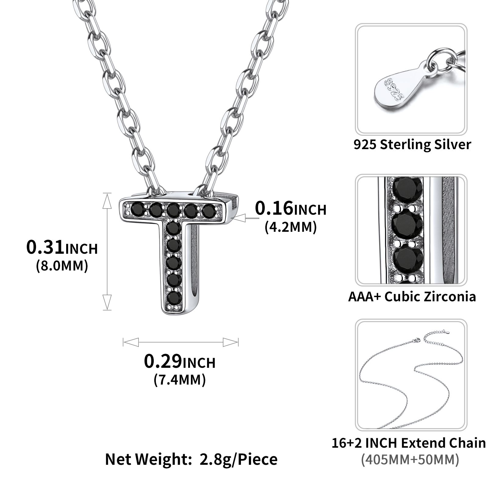 Sterling Silver ChicSilver Cubic Zirconia Initial T Necklace Details: Dimensions, Hypoallergenic, Lobster-Claw-Clasps