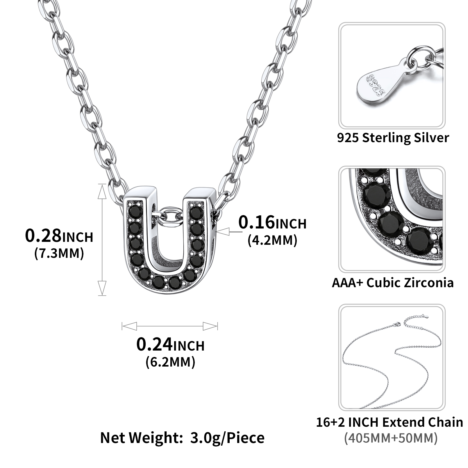 Sterling Silver ChicSilver Cubic Zirconia Initial U Necklace Details: Dimensions, Hypoallergenic, Lobster-Claw-Clasps