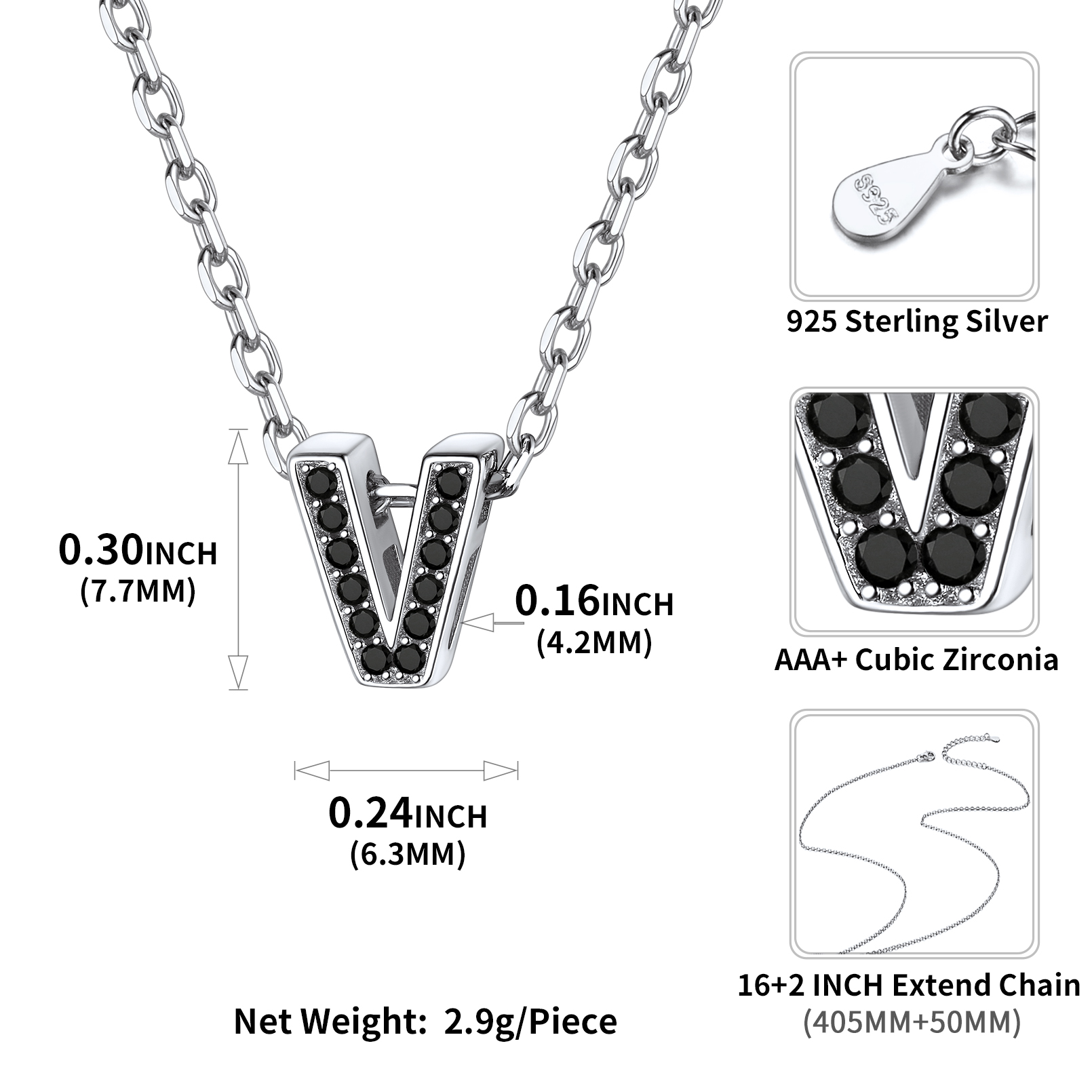 Sterling Silver ChicSilver Cubic Zirconia Initial V Necklace Details: Dimensions, Hypoallergenic, Lobster-Claw-Clasps