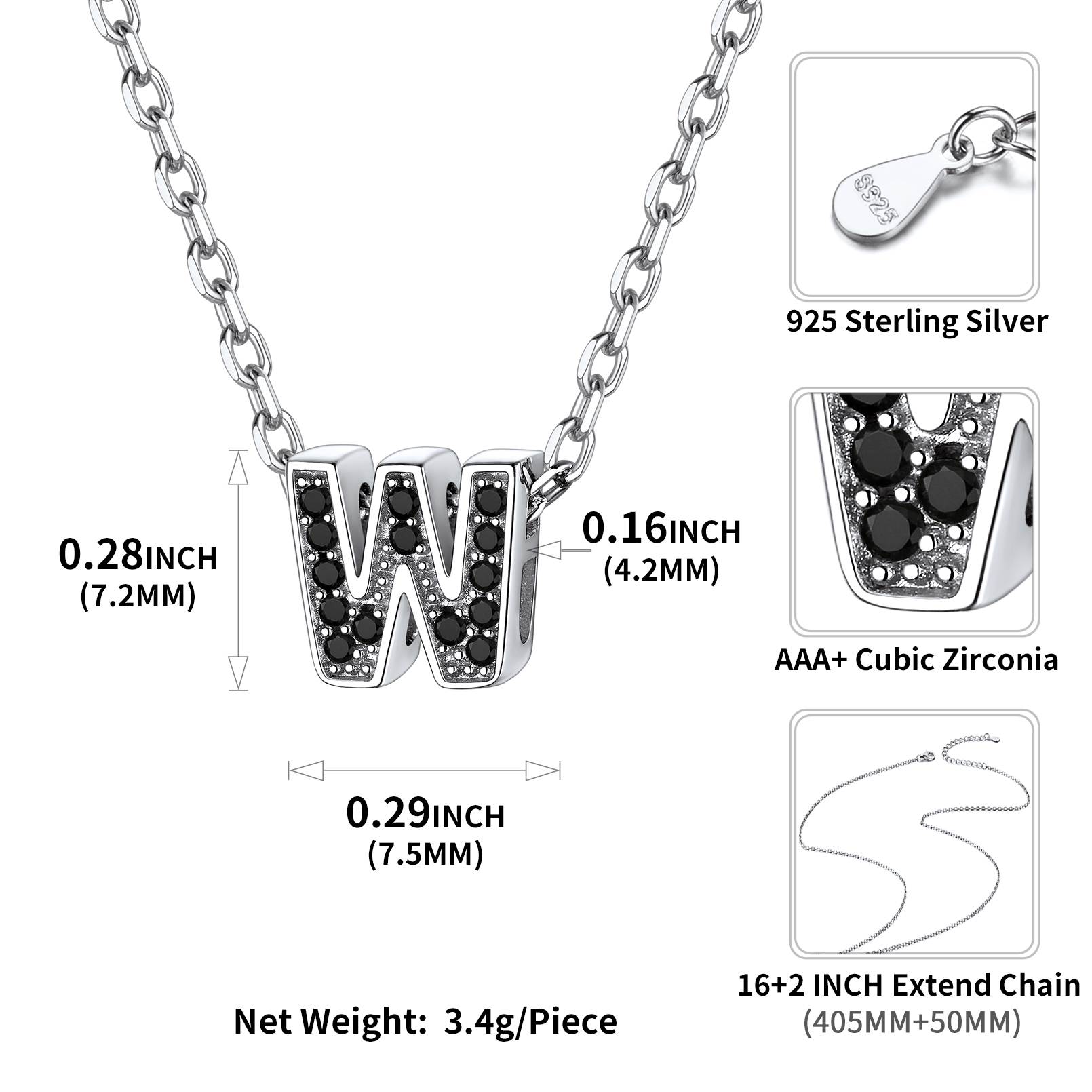 Sterling Silver ChicSilver Cubic Zirconia Initial W Necklace Details: Dimensions, Hypoallergenic, Lobster-Claw-Clasps