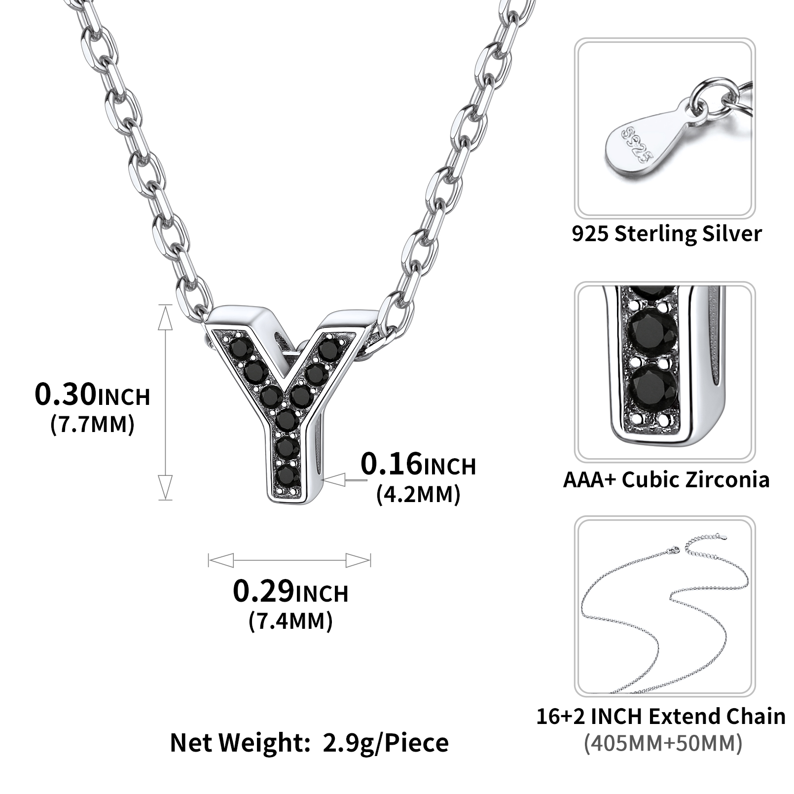 Sterling Silver ChicSilver Cubic Zirconia Initial Y Necklace Details: Dimensions, Hypoallergenic, Lobster-Claw-Clasps