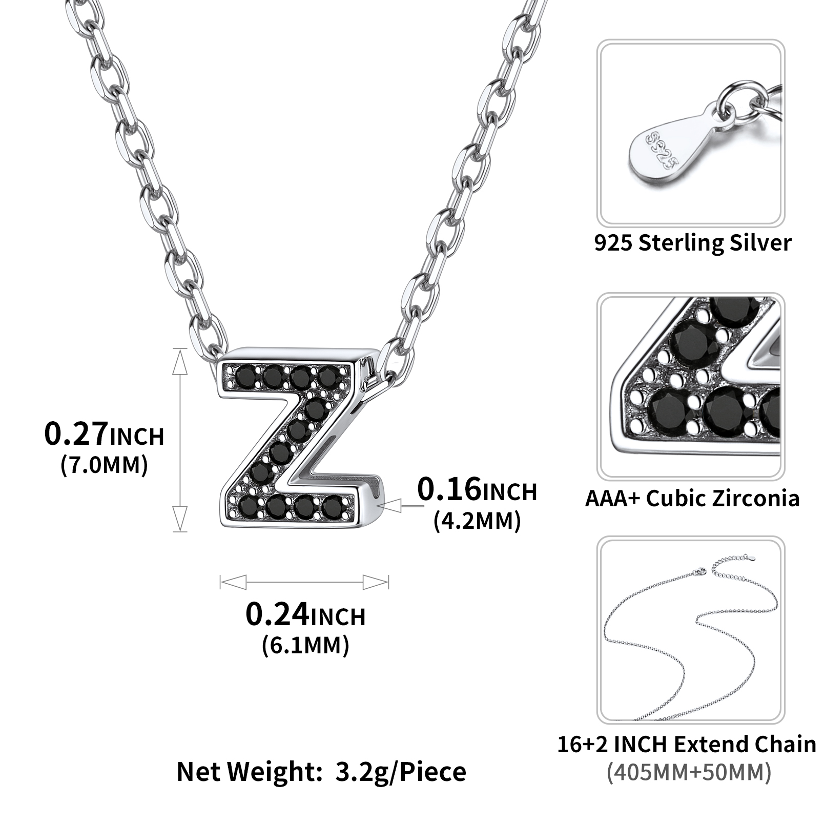 Sterling Silver ChicSilver Cubic Zirconia Initial Z Necklace Details: Dimensions, Hypoallergenic, Lobster-Claw-Clasps