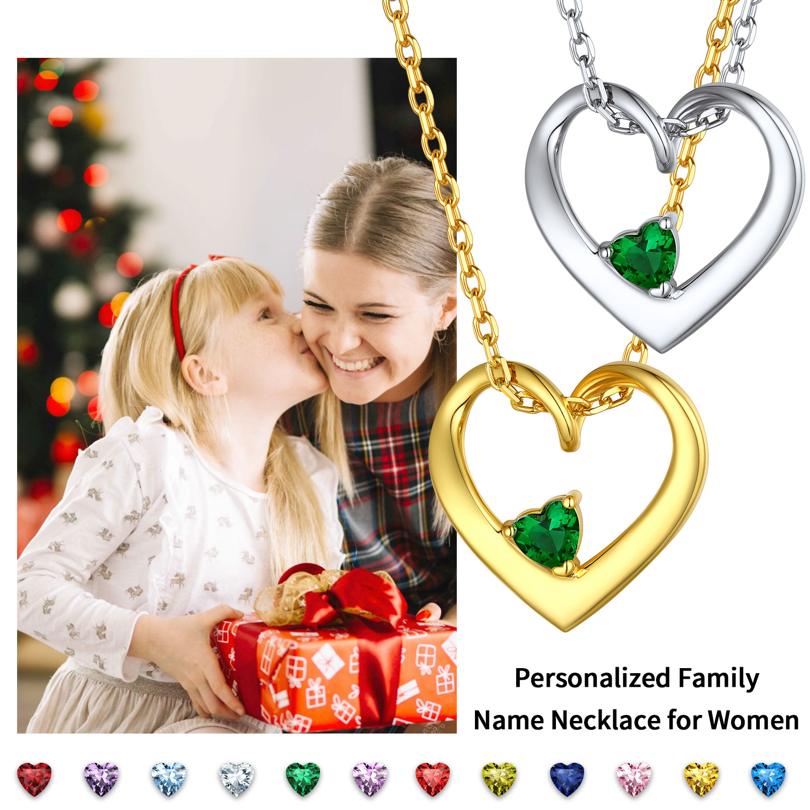 Personalized Dimensional heart birthstone necklace with engraved name for family