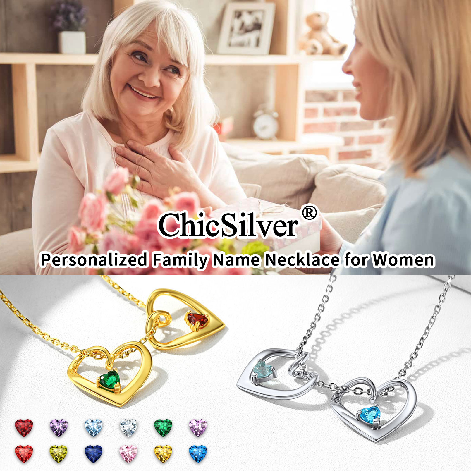 Personalized Dimensional heart birthstone necklace with engraved name, ChicSilver Jewelry gift Package, memorial gift