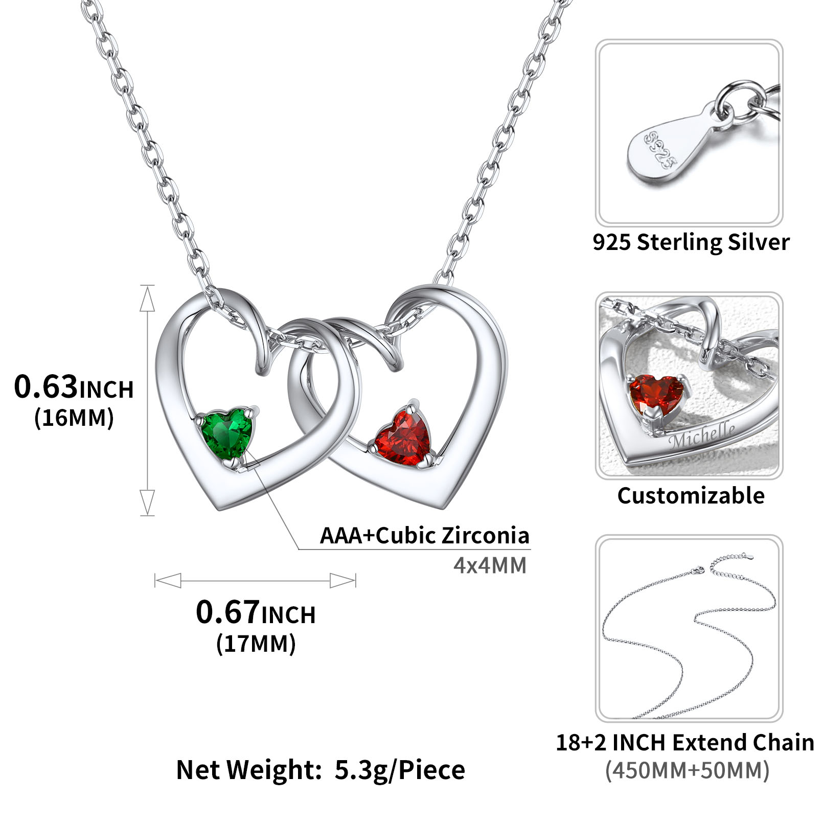 Personalized Dimensional heart birthstone necklace with engraved name Details: Dimensions, Hypoallergenic, Lobster-Claw-Clasps