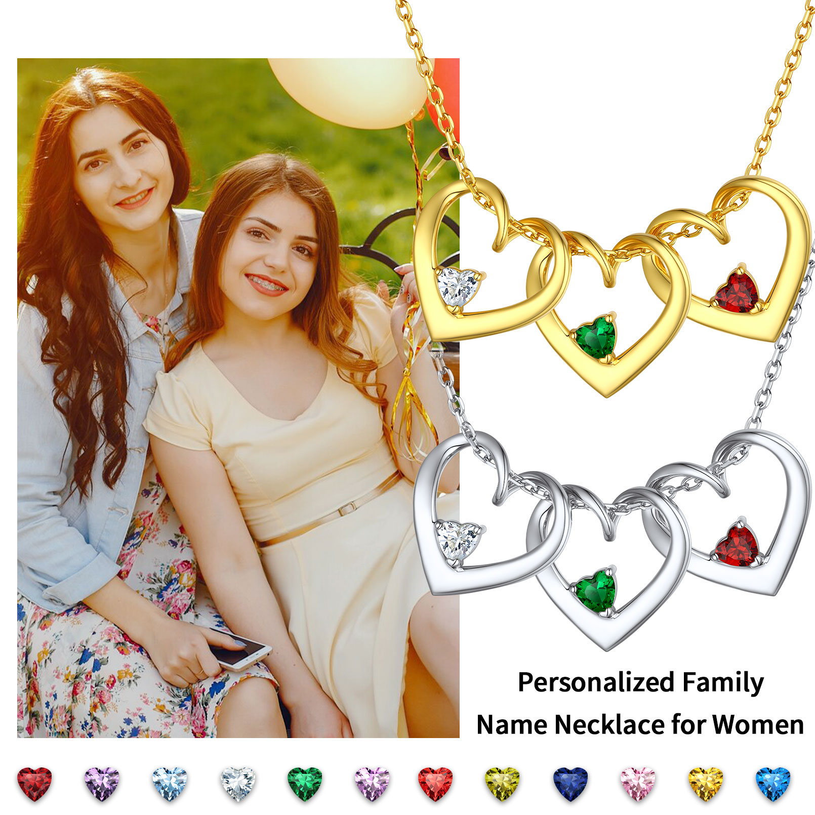 Personalized Dimensional heart birthstone necklace with engraved name