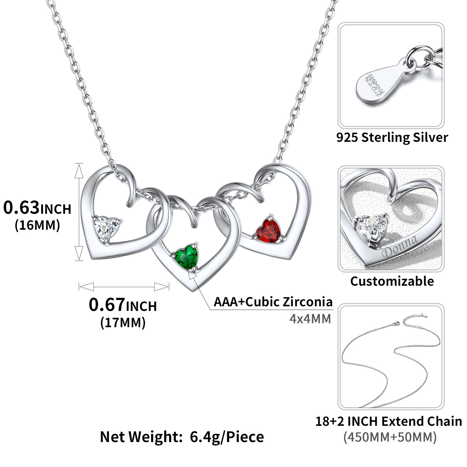 Personalized Dimensional heart birthstone necklace with engraved name Details: Dimensions, Hypoallergenic, Lobster-Claw-Clasps