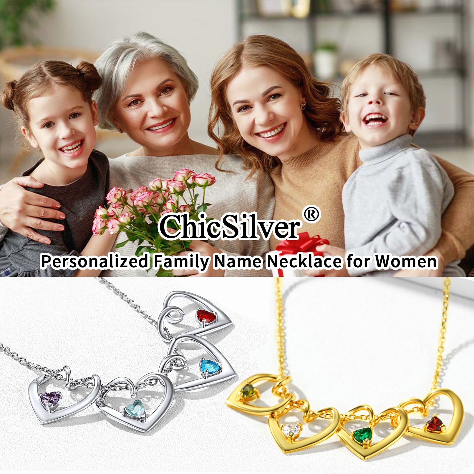 Personalized Dimensional heart birthstone necklace with engraved name