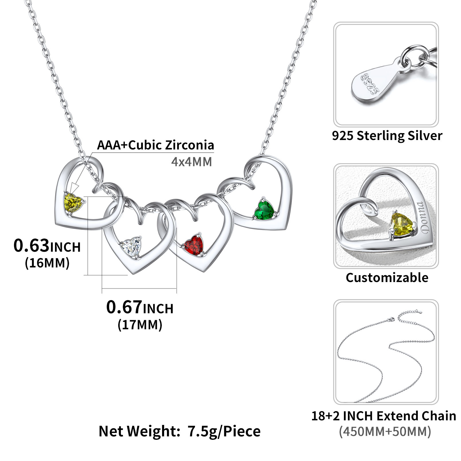 Personalized Dimensional heart birthstone necklace with engraved name for Women Details: Dimensions, Hypoallergenic, Lobster-Claw-Clasps