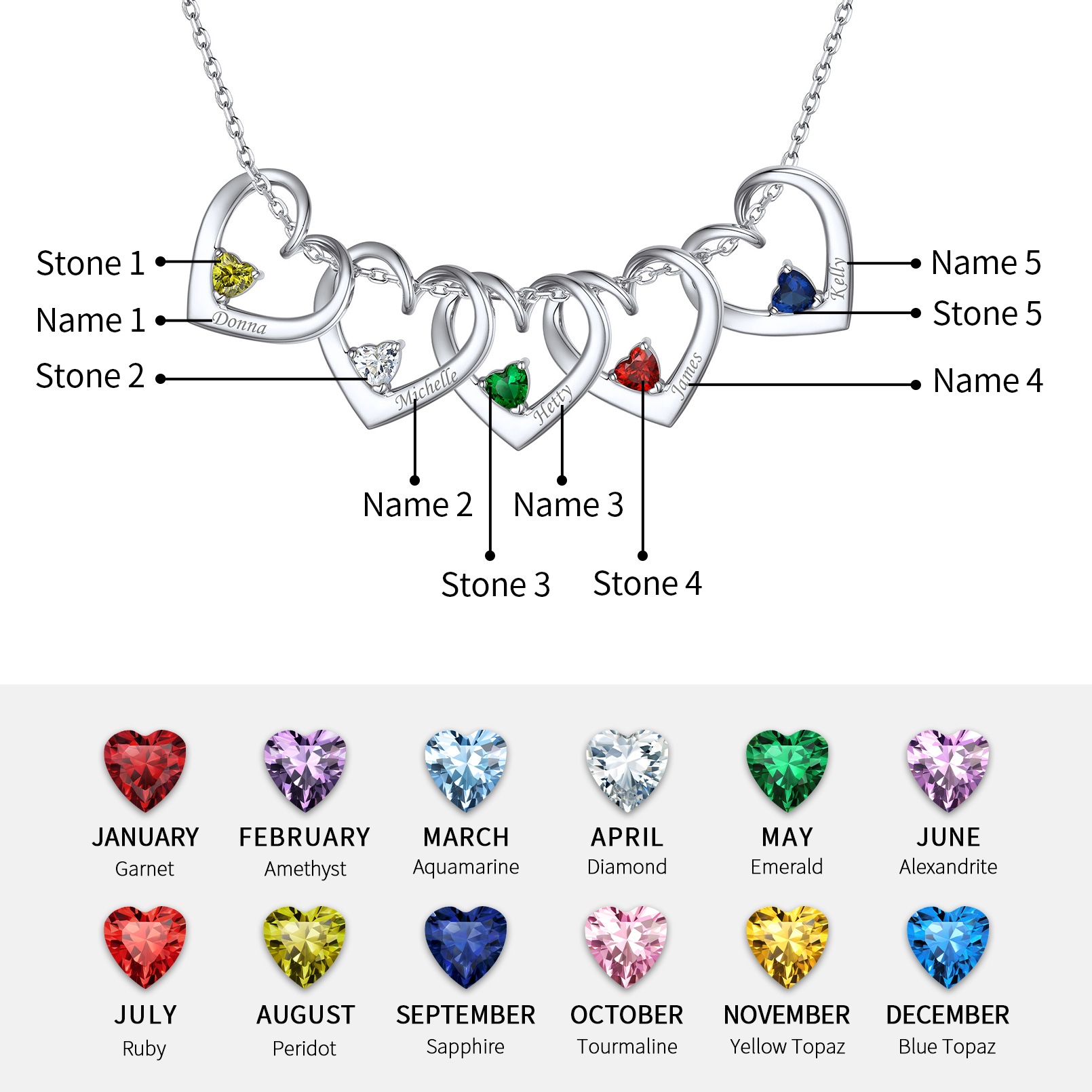 Personalized Dimensional heart birthstone necklace with engraved name  in Different Month Colors