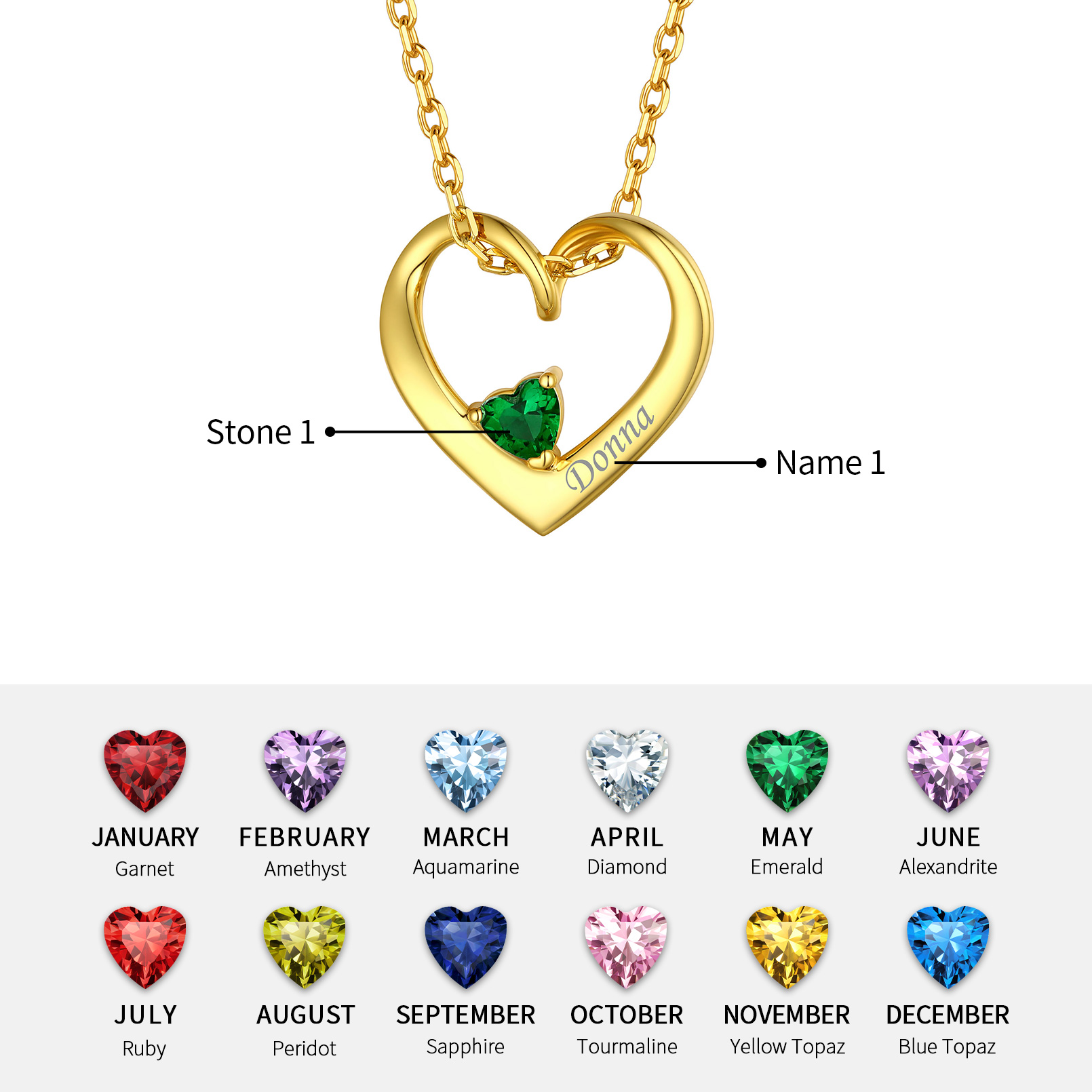 Personalized Dimensional heart birthstone necklace with engraved name  in Different Month Colors