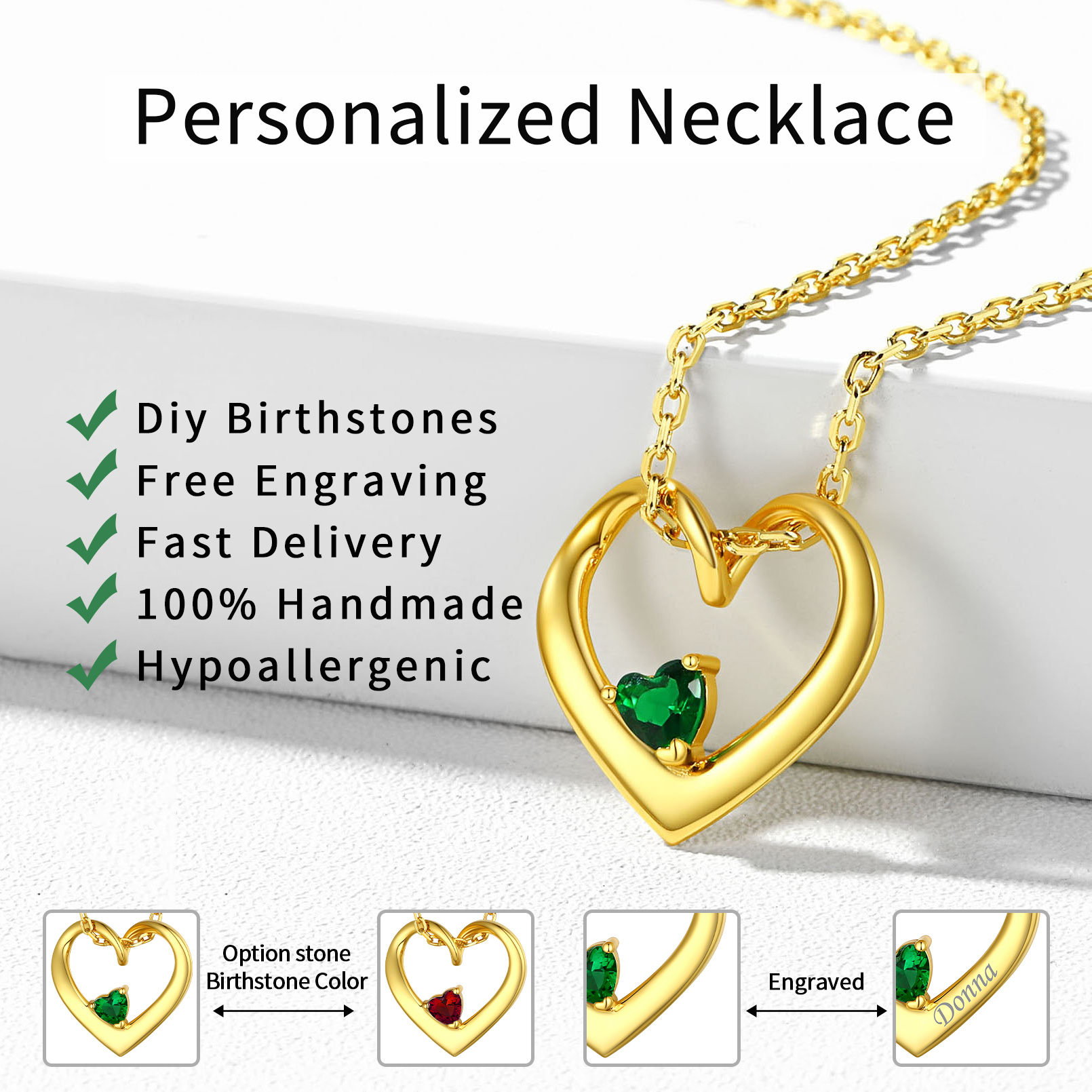 Personalized Dimensional heart birthstone necklace with engraved name