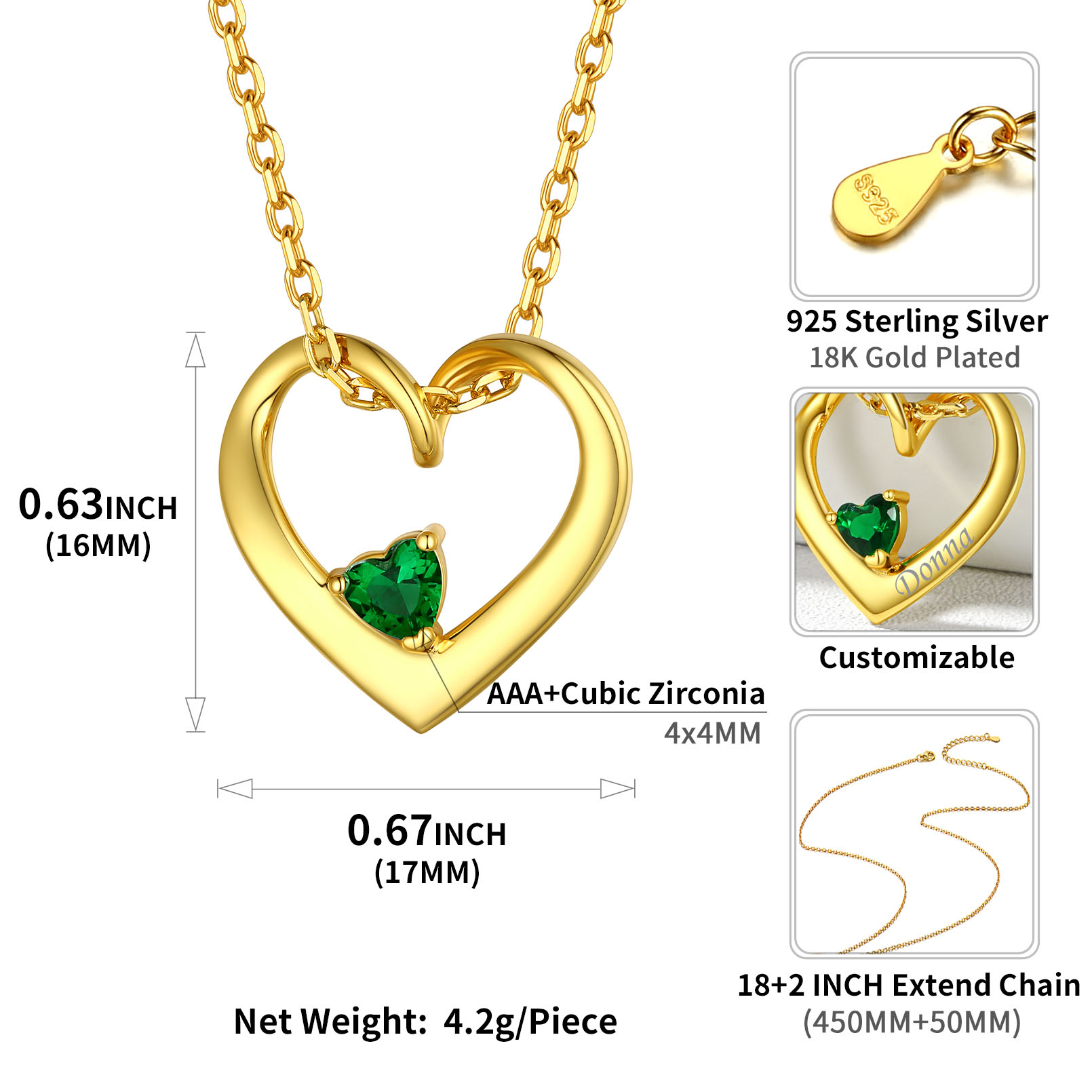 Personalized Dimensional heart birthstone necklace with engraved name Details: Dimensions, Hypoallergenic, Lobster-Claw-Clasps