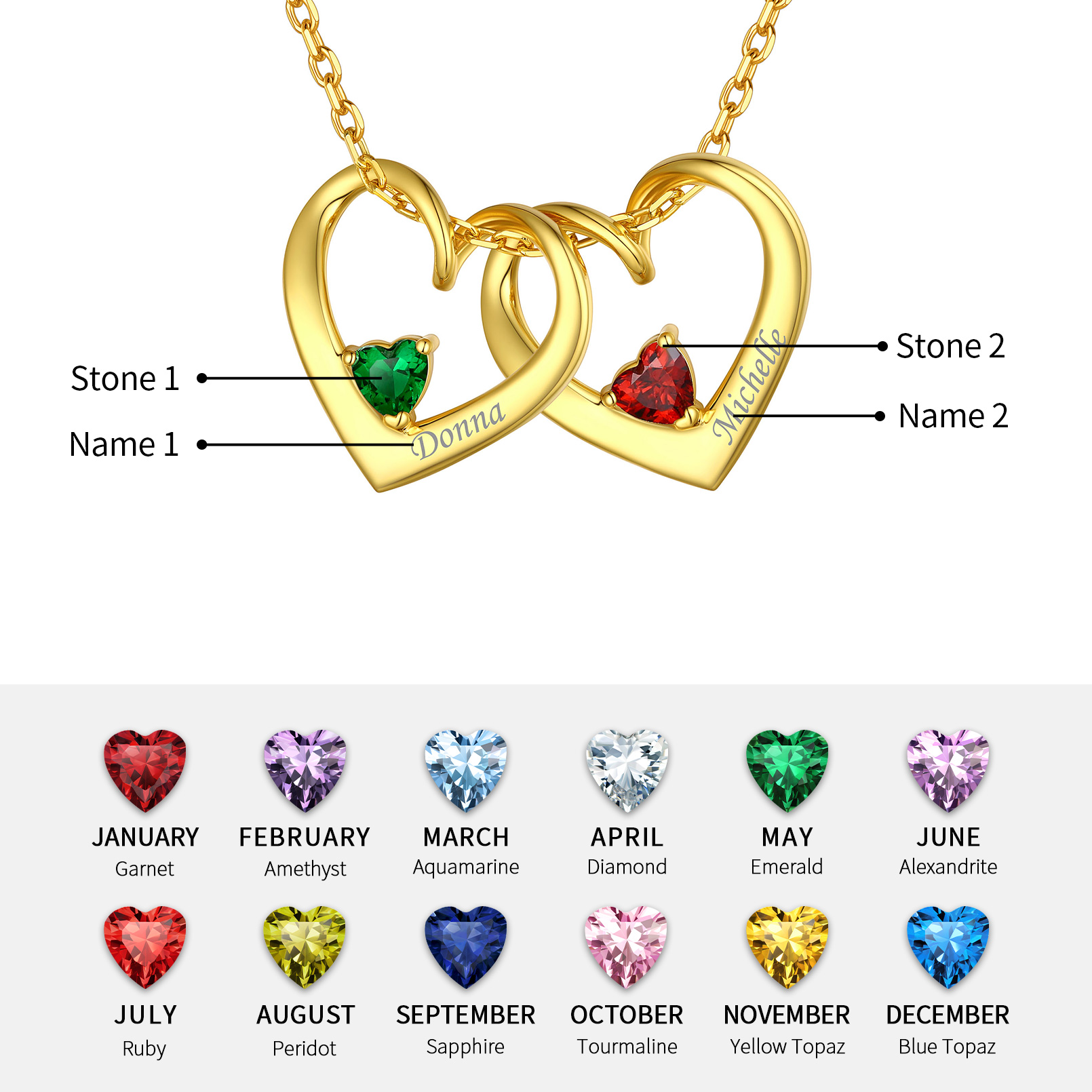 Personalized Dimensional heart birthstone necklace with engraved name  in Different Month Colors
