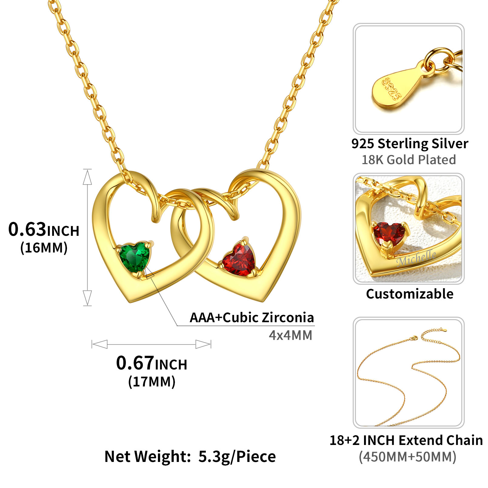 Personalized Dimensional heart birthstone necklace with engraved name Details: Dimensions, Hypoallergenic, Lobster-Claw-Clasps