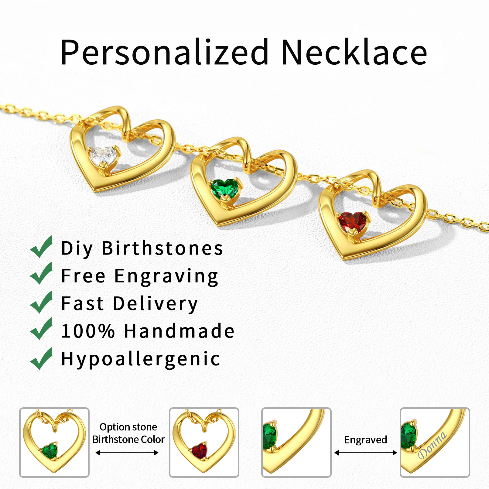 Personalized Dimensional heart birthstone necklace with engraved name