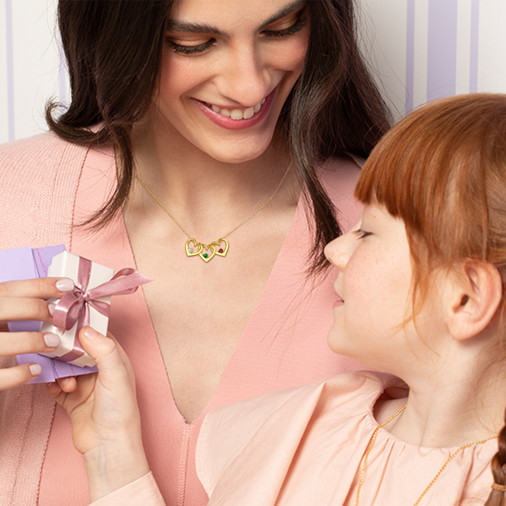 Personalized Dimensional heart birthstone necklace with engraved name for Women