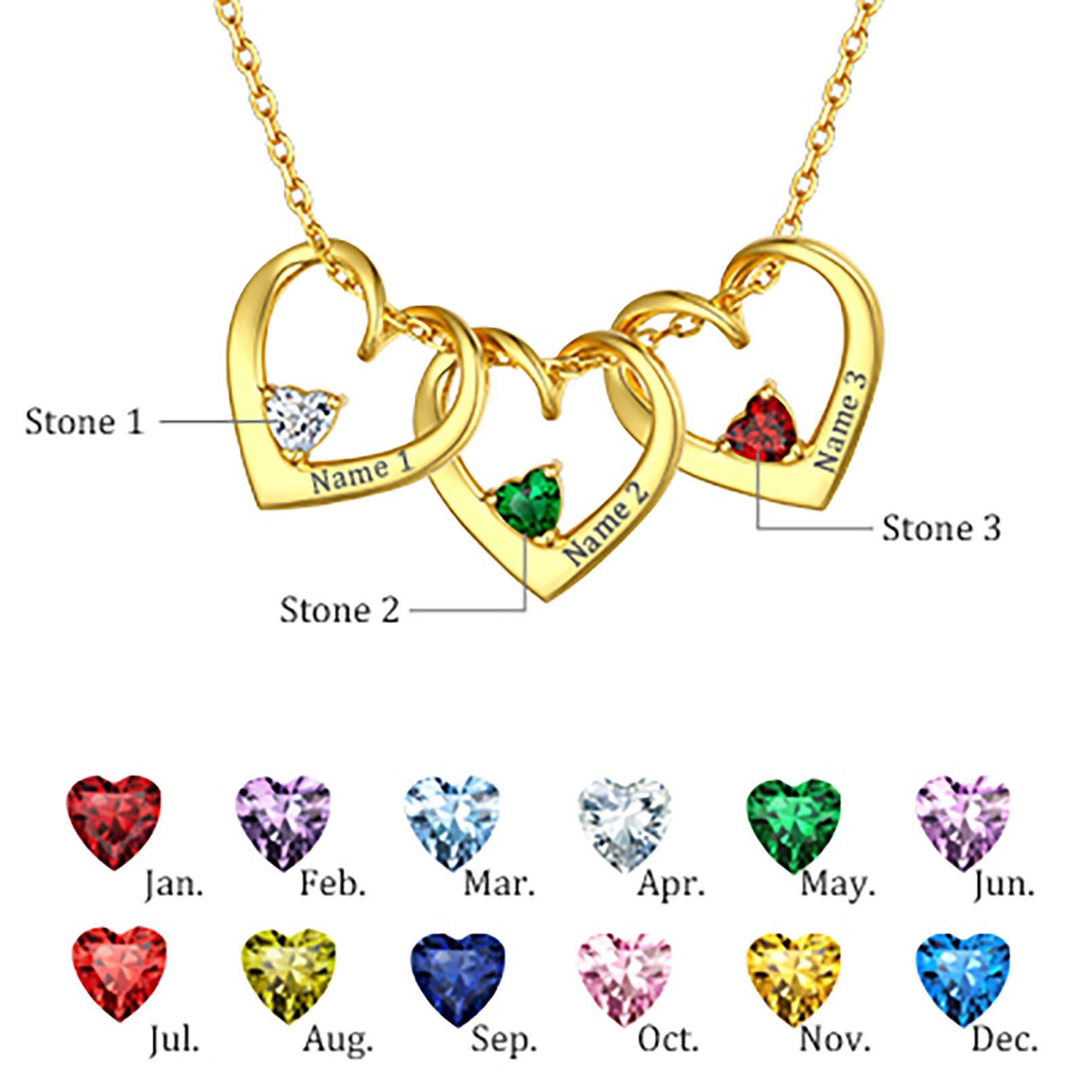 Personalized Dimensional heart birthstone necklace with engraved name  in Different Month Colors