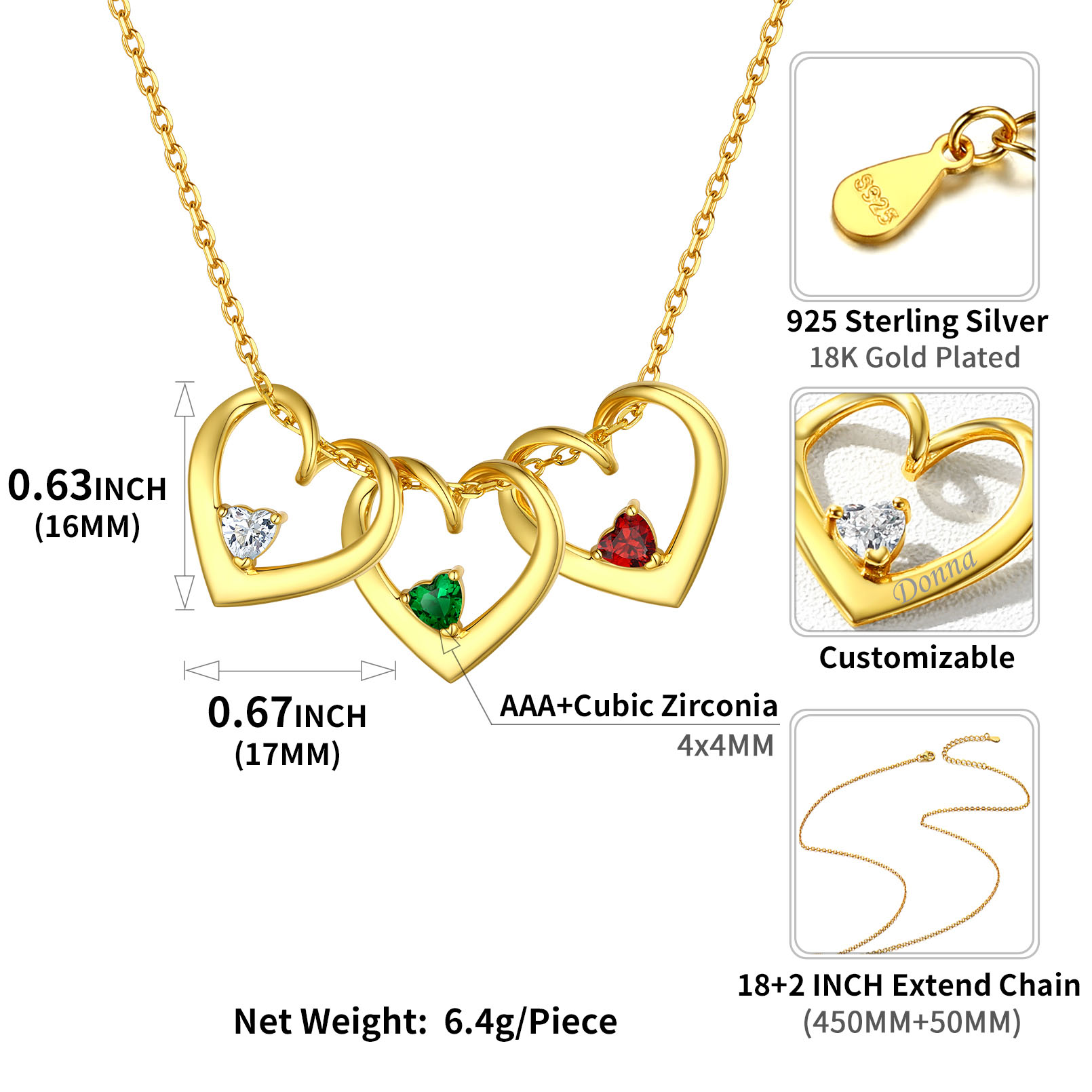 Personalized Dimensional heart birthstone necklace with engraved name Details: Dimensions, Hypoallergenic, Lobster-Claw-Clasps