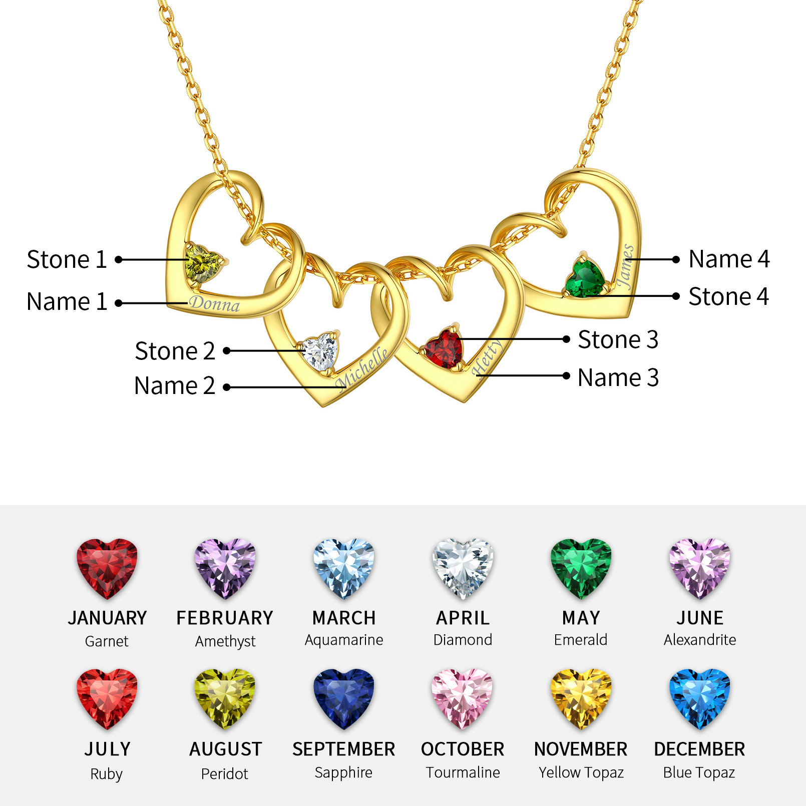 Personalized Dimensional heart birthstone necklace with engraved name  in Different Month Colors