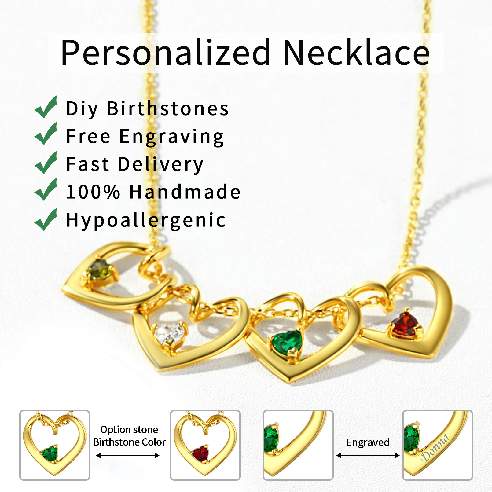 Personalized Dimensional heart birthstone necklace with engraved name
