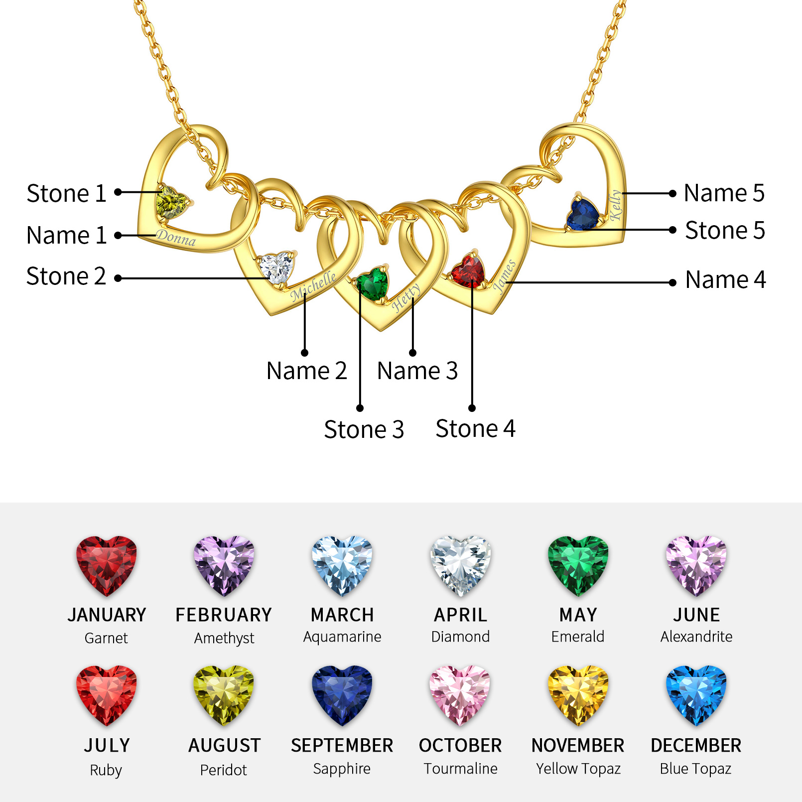 Personalized Dimensional heart birthstone necklace with engraved name  in Different Month Colors