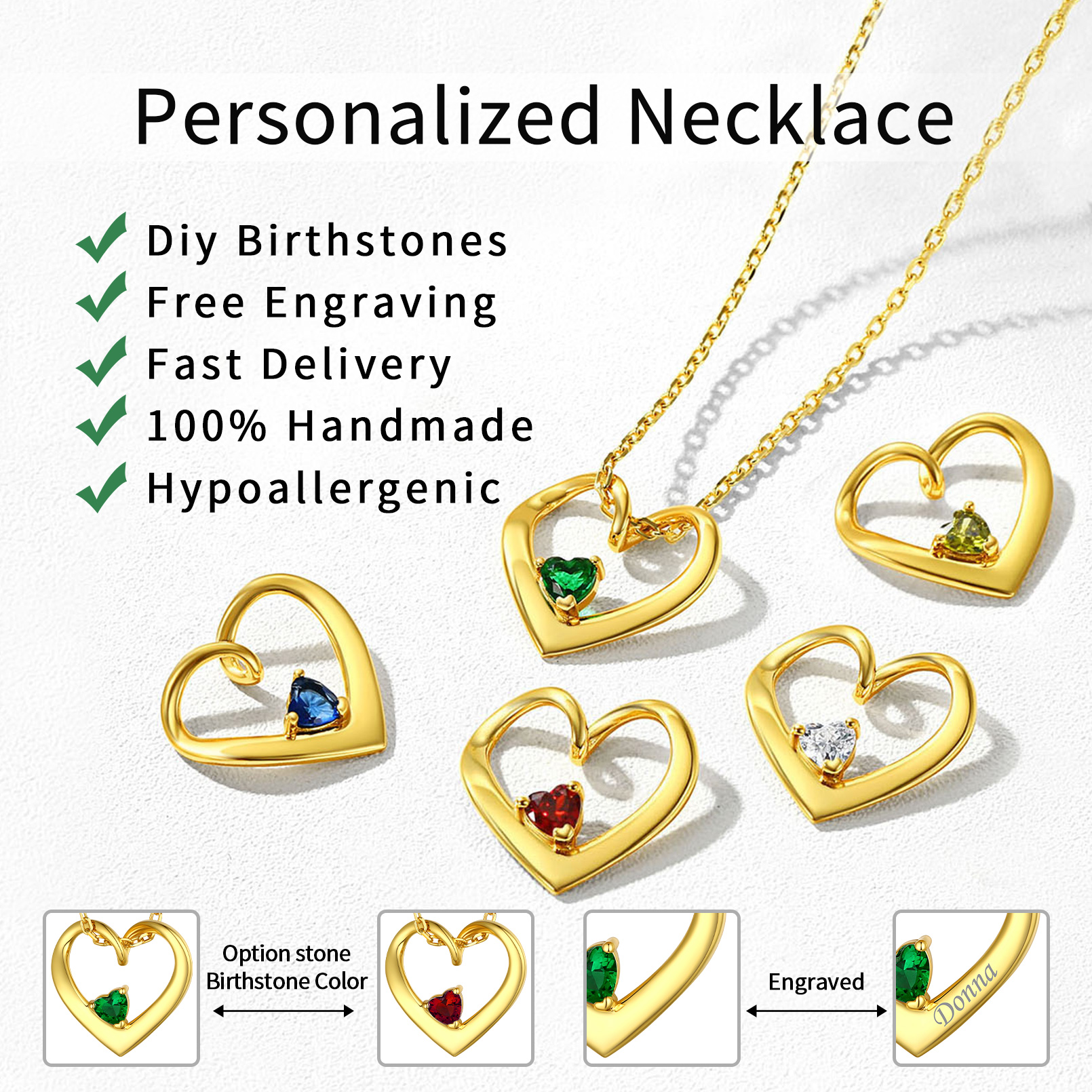 Personalized Dimensional heart birthstone necklace with engraved name