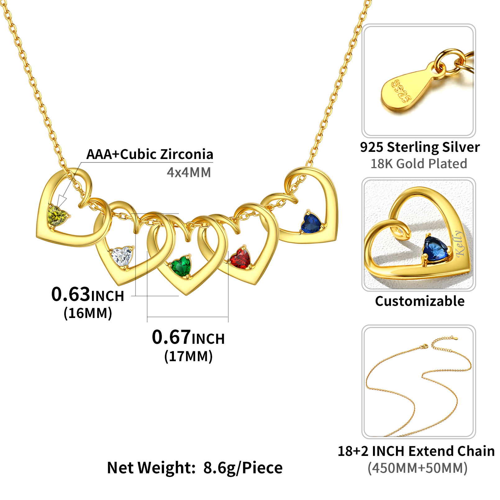 Personalized Dimensional heart birthstone necklace with engraved name Details: Dimensions, Hypoallergenic, Lobster-Claw-Clasps