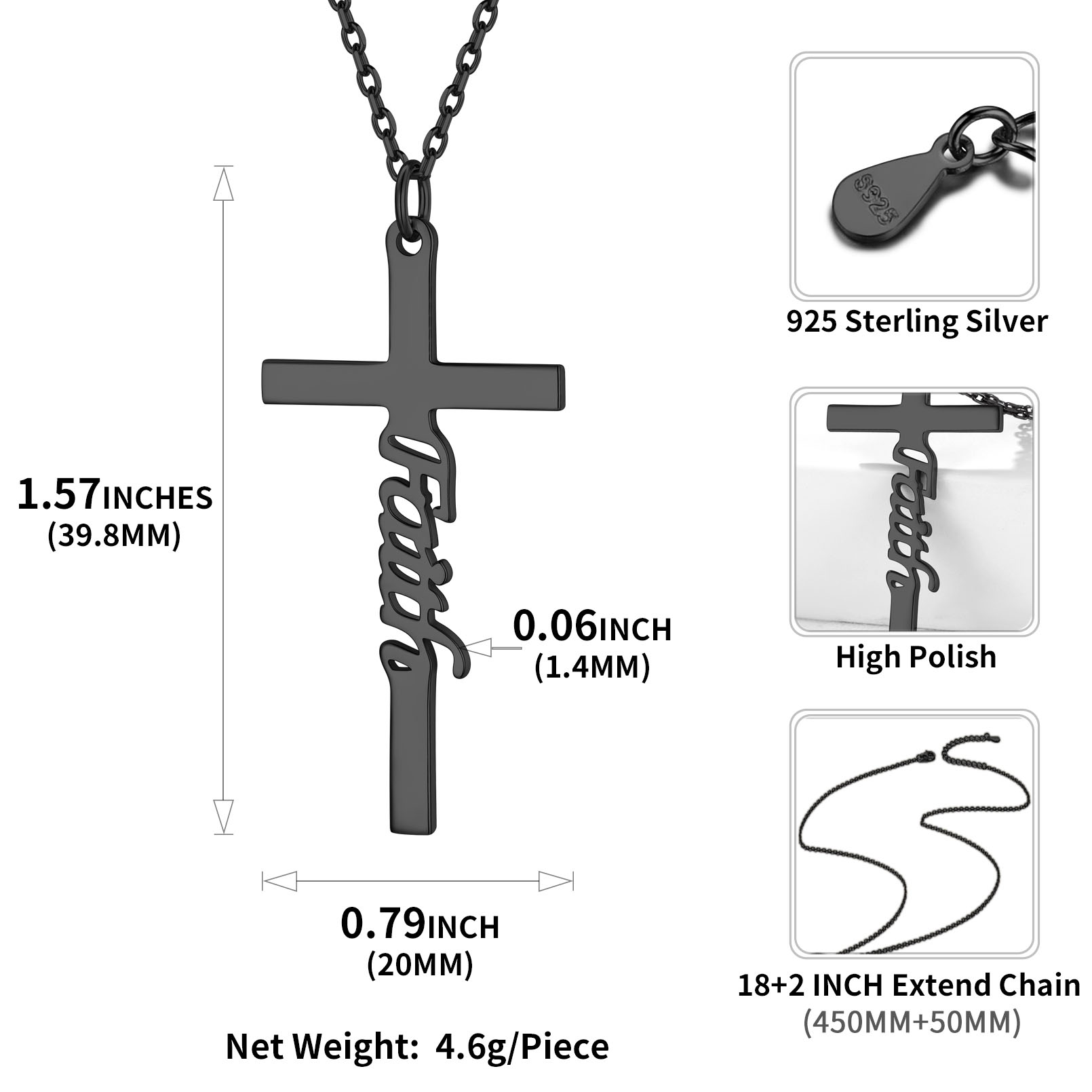 Black Faith Christian Cross Necklace Details: Dimensions, Hypoallergenic, Lobster-Claw-Clasps