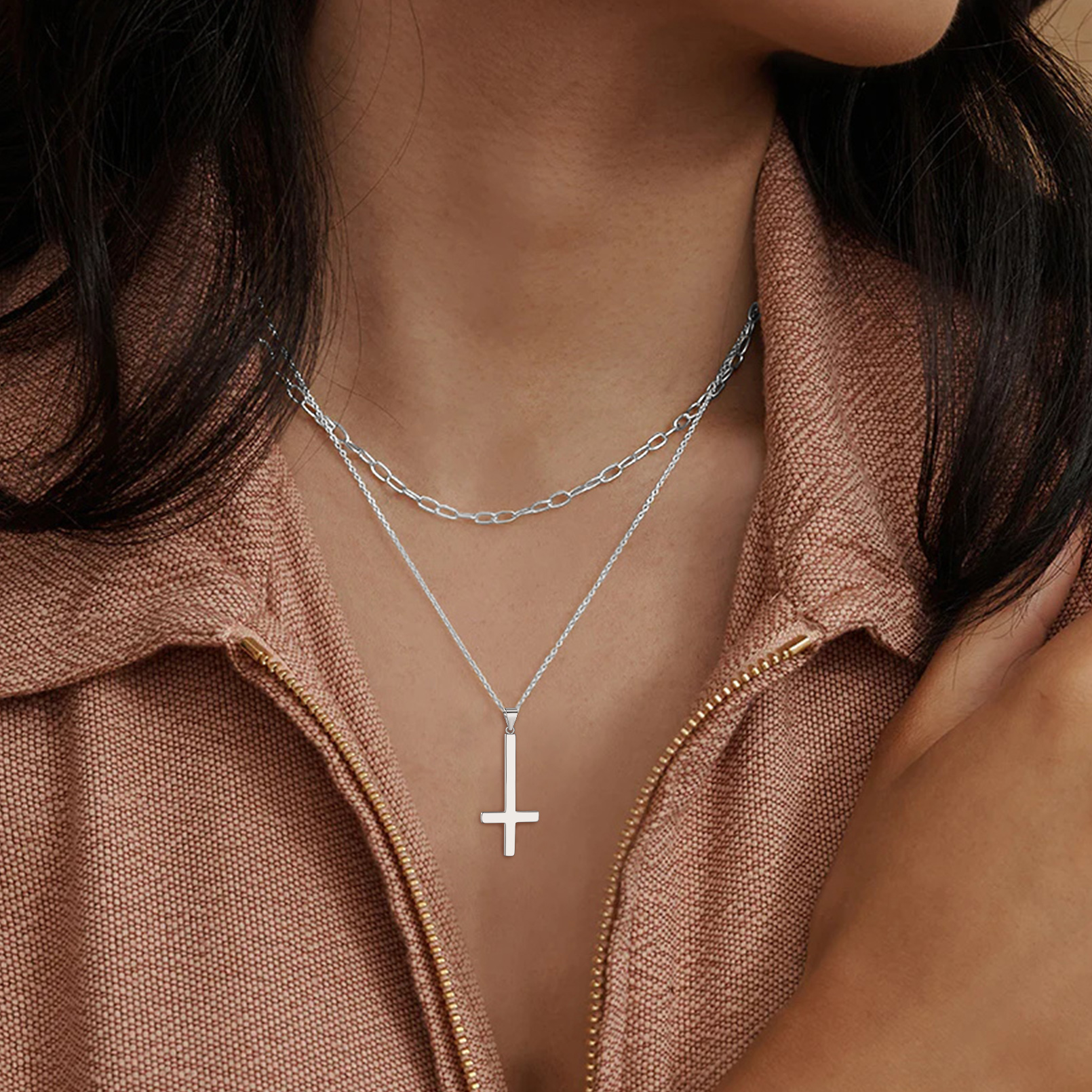 Inverted St. Peter's Cross Necklace with Fine Chain for Women, Ladies, Couples