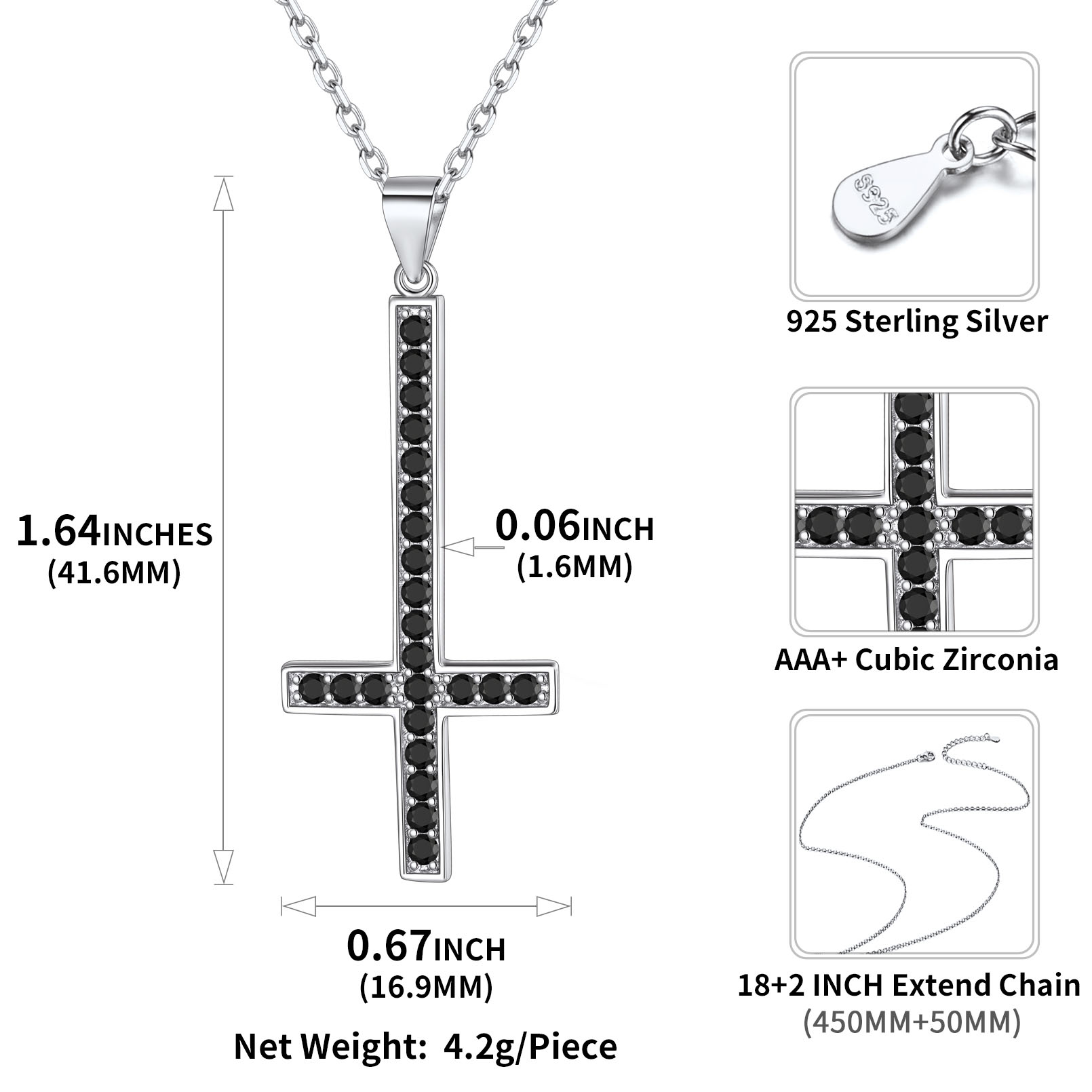 Black Cubic Oxide Inverted St. Peter's Cross Necklace with Fine Chain Details: Dimensions, Hypoallergenic, Lobster-Claw-Clasps