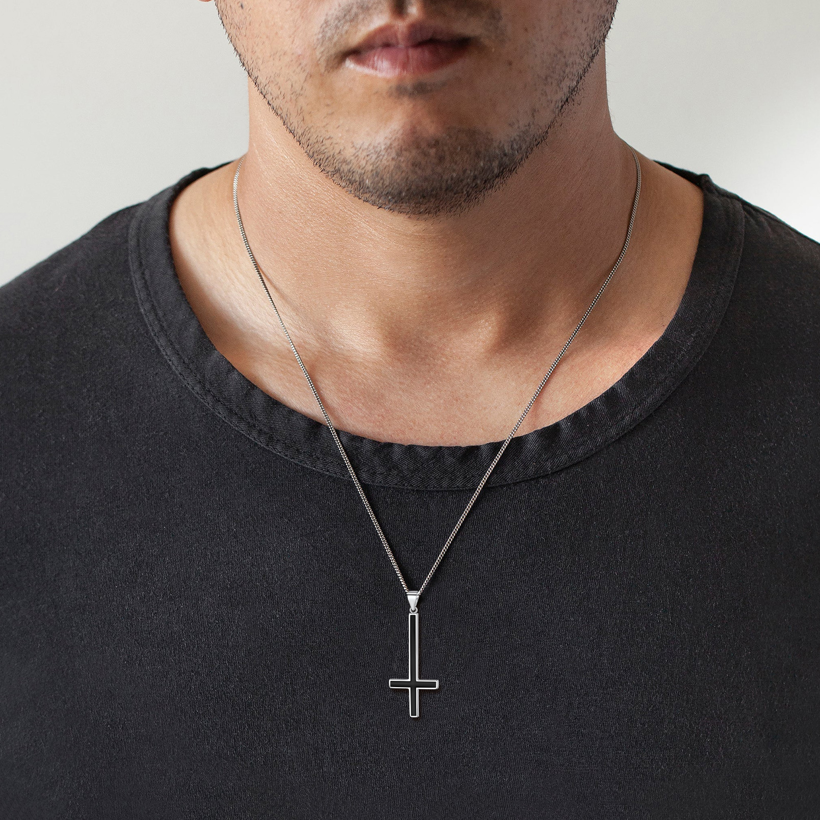 Black Inverted Cross Pendant with Adjustable Thin Rolo Chain Necklace  for Men, Father