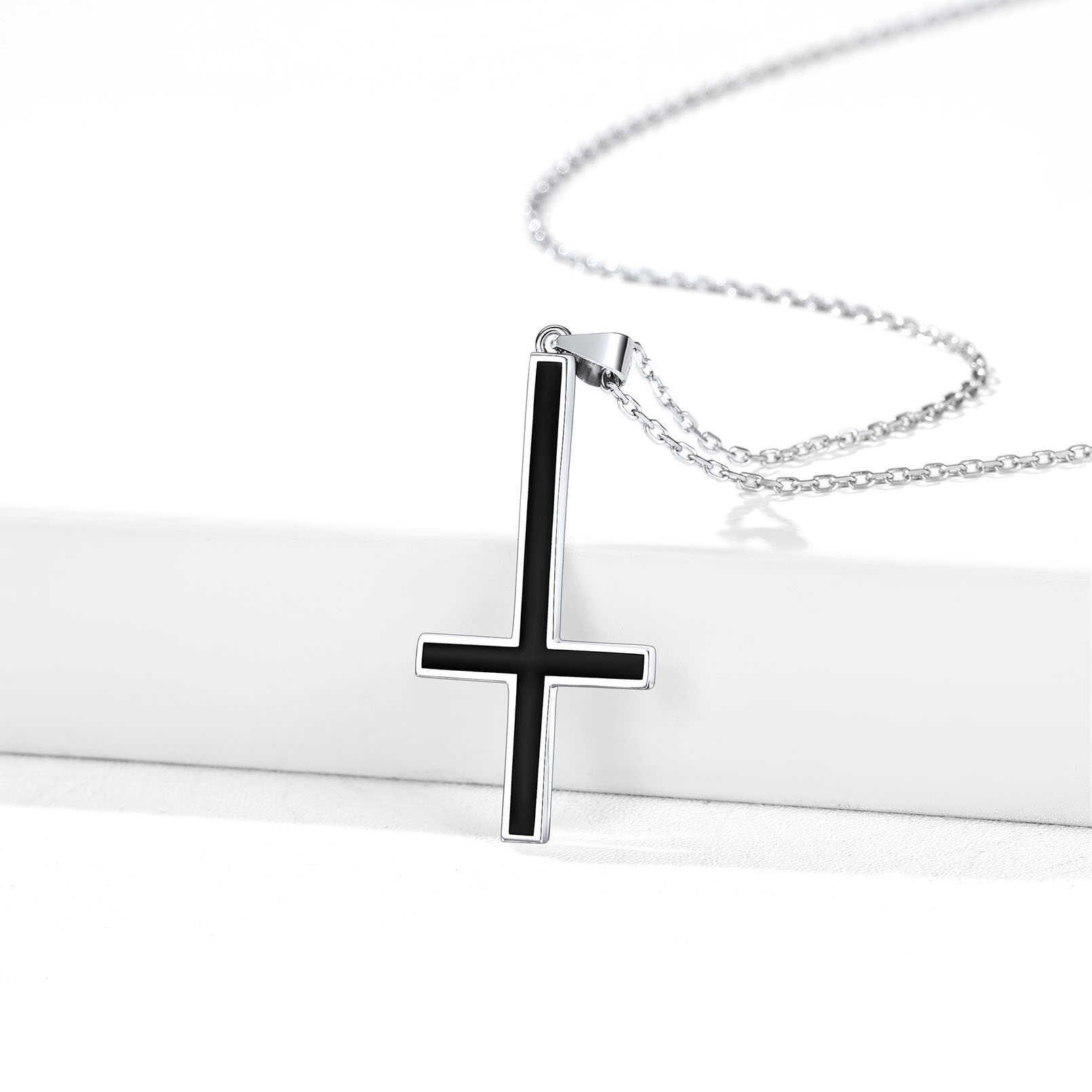 Black Inverted Cross Pendant with Adjustable Thin Rolo Chain Necklace for Christian