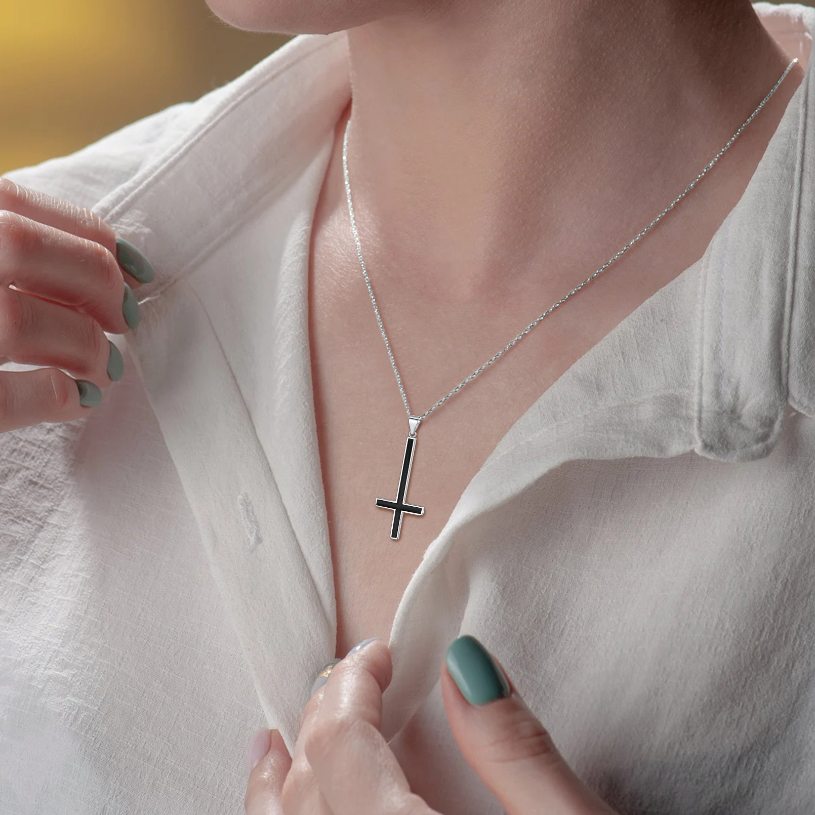 Black Inverted Cross Pendant with Adjustable Thin Rolo Chain Necklace for Women, Ladies